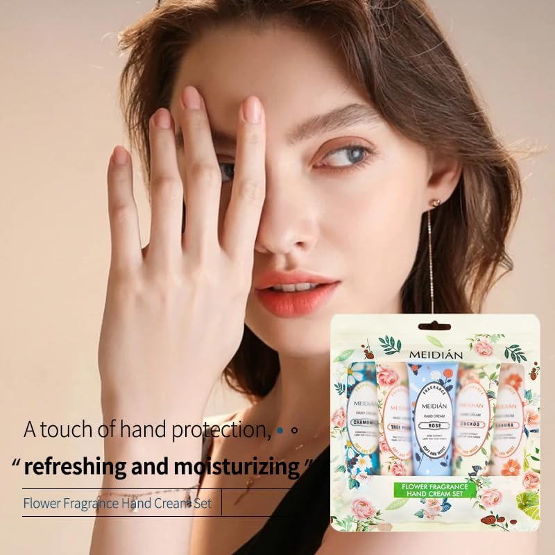 5 Pcs Natural Flower Hand Cream for Dry Skin - Intense Moisturizing with Rose, Cuckoo, Tree Peony, Sakura & Chamomile - Paraben-Free, Non-Greasy Formula for Soft, Smooth Hands