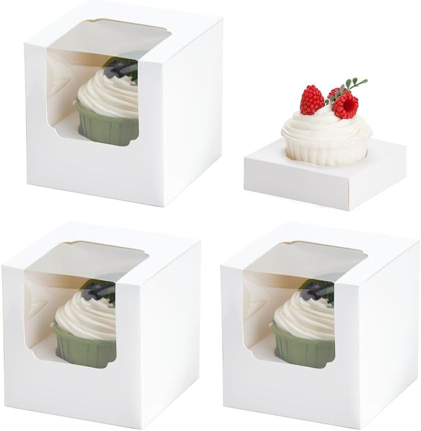 50 Pcs White Cupcake Boxes, Translucent Paper Cupcake Boxes, Cupcake Boxes with Window, Small Dessert Box with Inner Tray, Individual Cupcake Containers, for Wedding, Birthday Party Etc image number 2