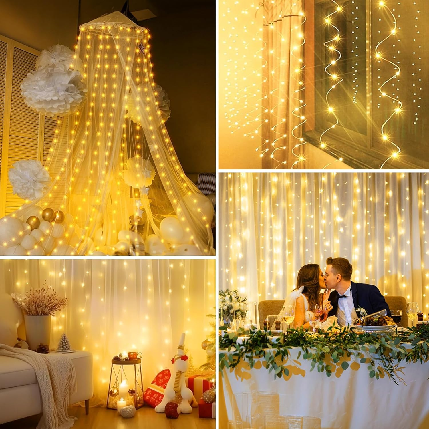 Harloon 300 LED Fairy Curtain Lights 2 Pack, 3Mx3M USB Plug-In 8 Modes Christmas Decoration, String Hanging Lights for Bedroom Backdrop Wedding Party Indoor Wall Decor, Warm White image number 3