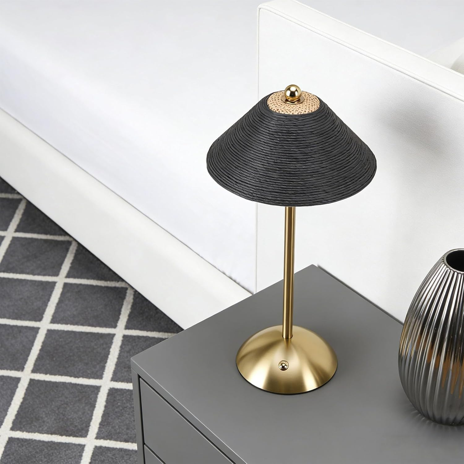 Dpofirs Boho Rattan Table Lamp, LED Rechargeable Reading Lights Night Light, 3 Color Touch Control Bedside Lamps for Nightstand, Bedroom, Living Room, 1200Mah (Black) - Green image number 2