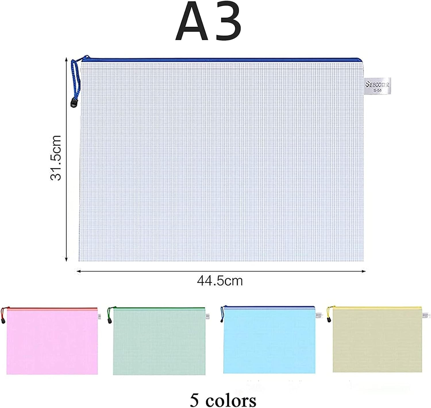 Pack of 10 Mesh Document Bag A3 Size Durable Plastic Zipper File Wallet Rope Hook Design for Paperwork Documents A3 Document Wallet image number 2