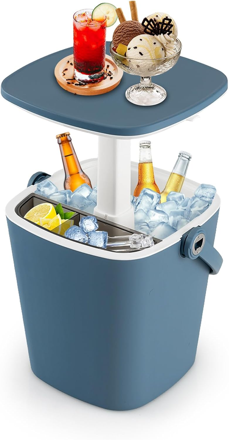 Costway Portable Cooler Bar Table, 15 L Weatherproof PP Beverage Cooler W/Handle, Bottle Opener & Lift Top Lid, 3-In-1 Pop up Side Table Cocktail Table for Camping, Picnic, Poolside (Black)