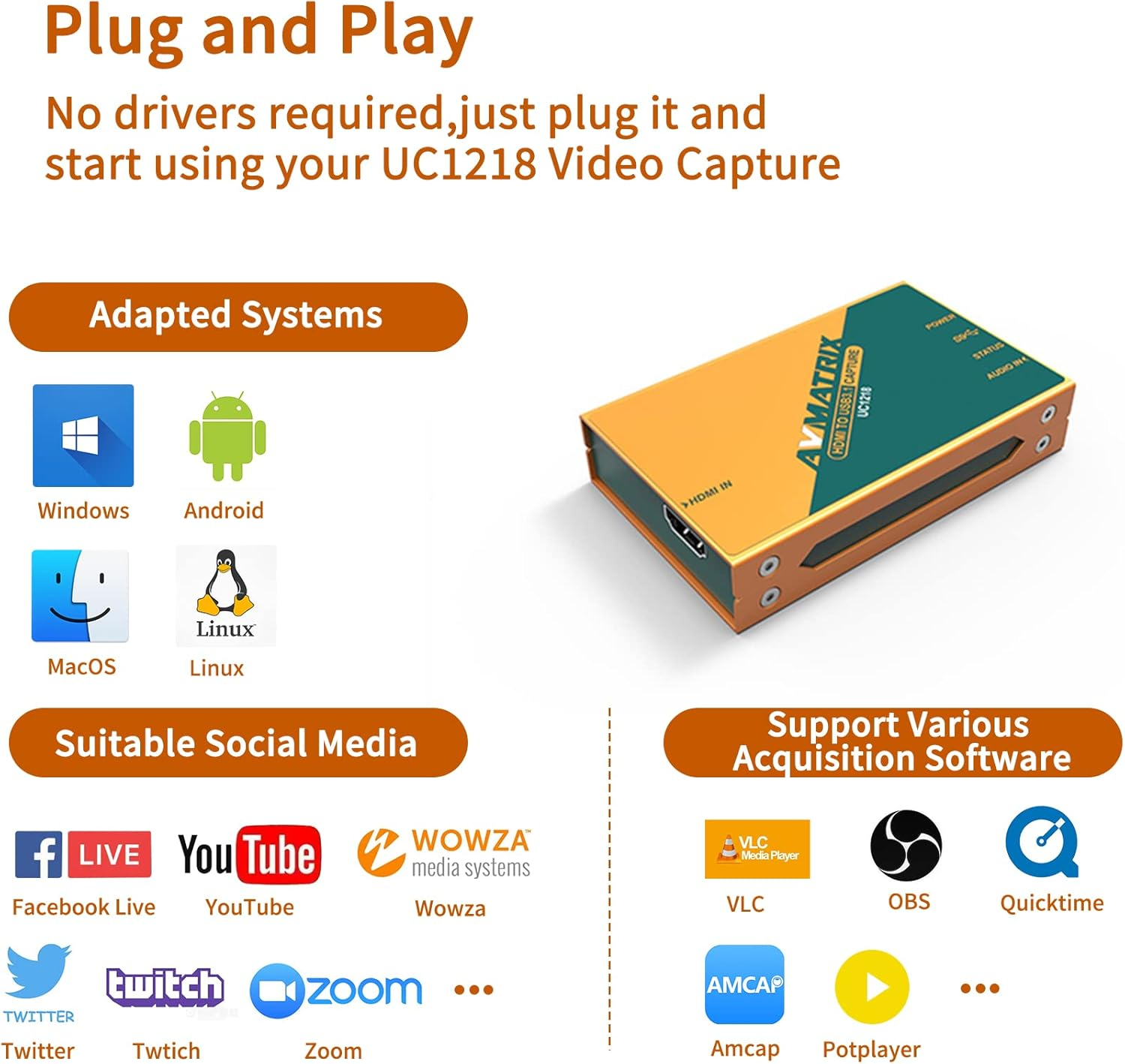 Avmatrix UC1218 Game SDI/HDMI to USB3.1 Gen1 (USB3.0) Capture Cam Link Card 1080P 60Fps Live Streaming (UC1218) image number 5