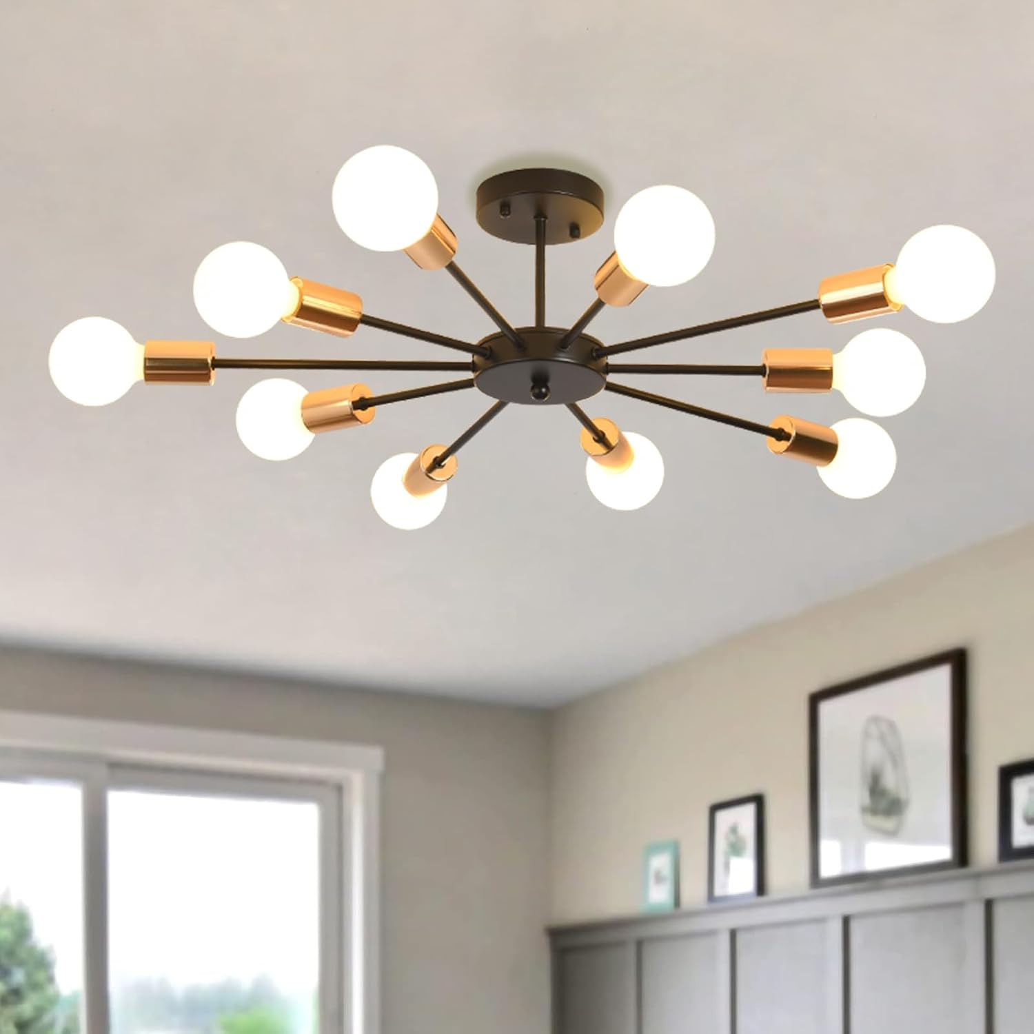 Ganeed Mid Century Modern Sputnik Chandelier, Gold & Black Adjustable Ceiling Lighting, 6 Lights Industrial Mount Pendant Light Fixture for Kitchen Living Dining Room Bedroom Foyer