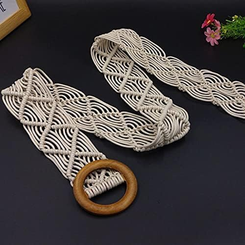 Belts Boho Woven Rattan Rope Braid Waist Belt with O-Ring Wooden Buckle Bohemian Style Skirt Fashion Skinny Macrame Waistband for Women Girls Braided Belt Dress Jeans image number 5
