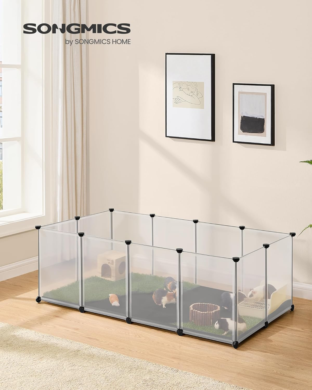 SONGMICS Pet Playpen with Waterproof and Removable Floor and Mat, Small Animal Fence, for Hamsters, Rabbits, Hedgehogs, Guinea Pigs, 143 X 73 X 46 Cm, White LPC012W01 image number 1