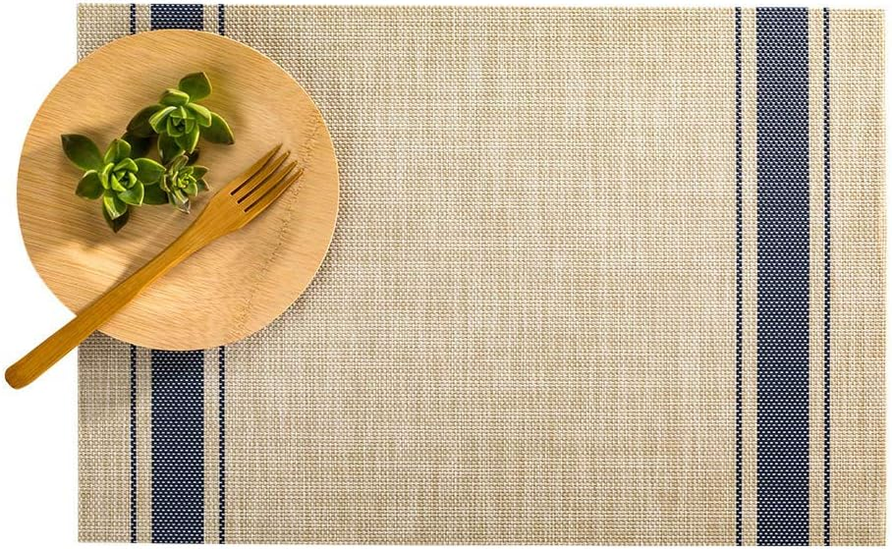 Restaurantware French Countryside 16 X 12 Inch Dining Table Placemats Set of 6 Heat-Tolerant Kitchen Table Mats - Eggshell Stripe No Stain Khaki Vinyl Woven Rectangle Placemats Easy to Clean