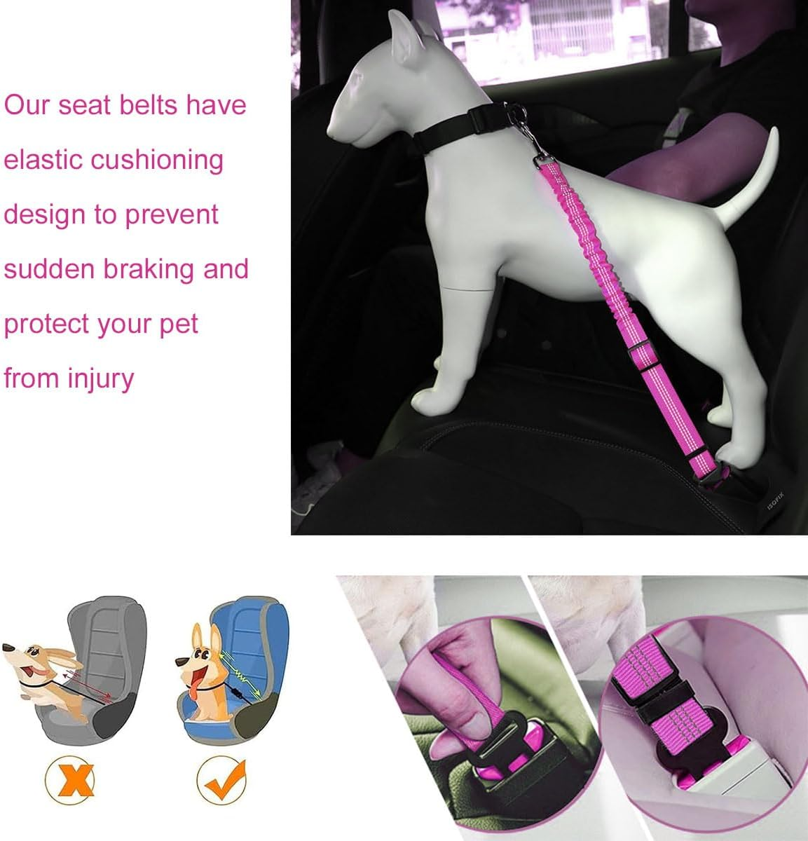 Dog Seat Belt for Car, Dog Seat Belt for Car, Dog Seat Belt for All Dogs and Cats, 52-88 Cm, Pink image number 6