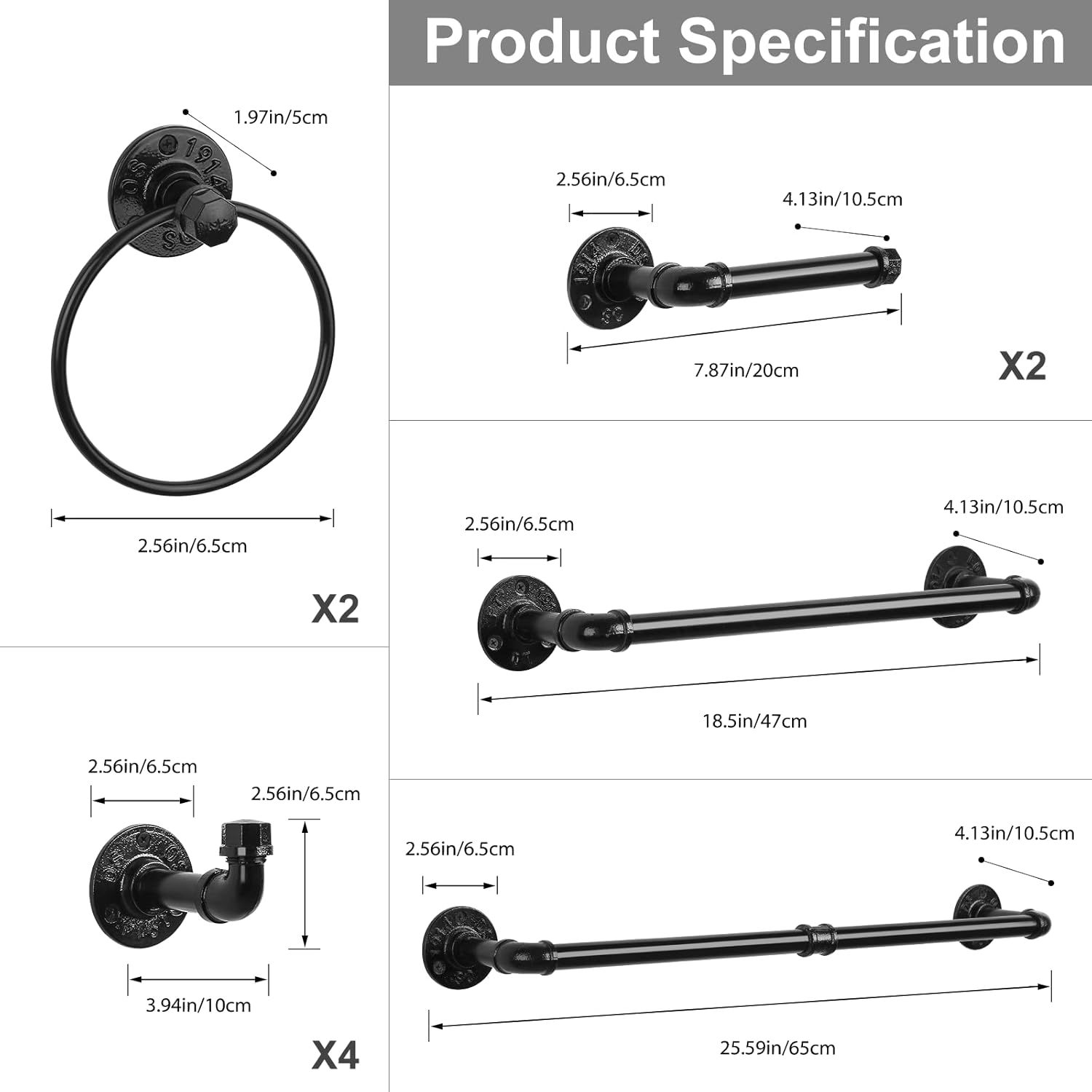 Industrial Bathroom Hardware Set 10 Pieces Bath Towel Bar Set Includes round Towel Ring Hand Toilet Roll Holders for Wall 18 and 25 Inch Towel Rack Robe Towel Hooks Black Bathroom Accessory Towel Kit image number 3