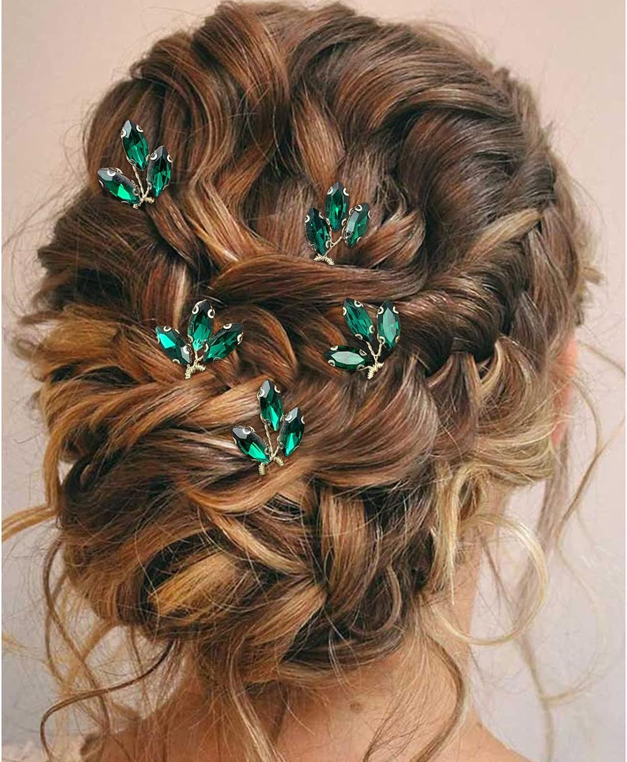 BETITETO Crystal Bridal Hair Pins Accessories 5 Pieces U-Shaped Rhinestone Headpiece for Wedding Party (Emerald Green) image number 3