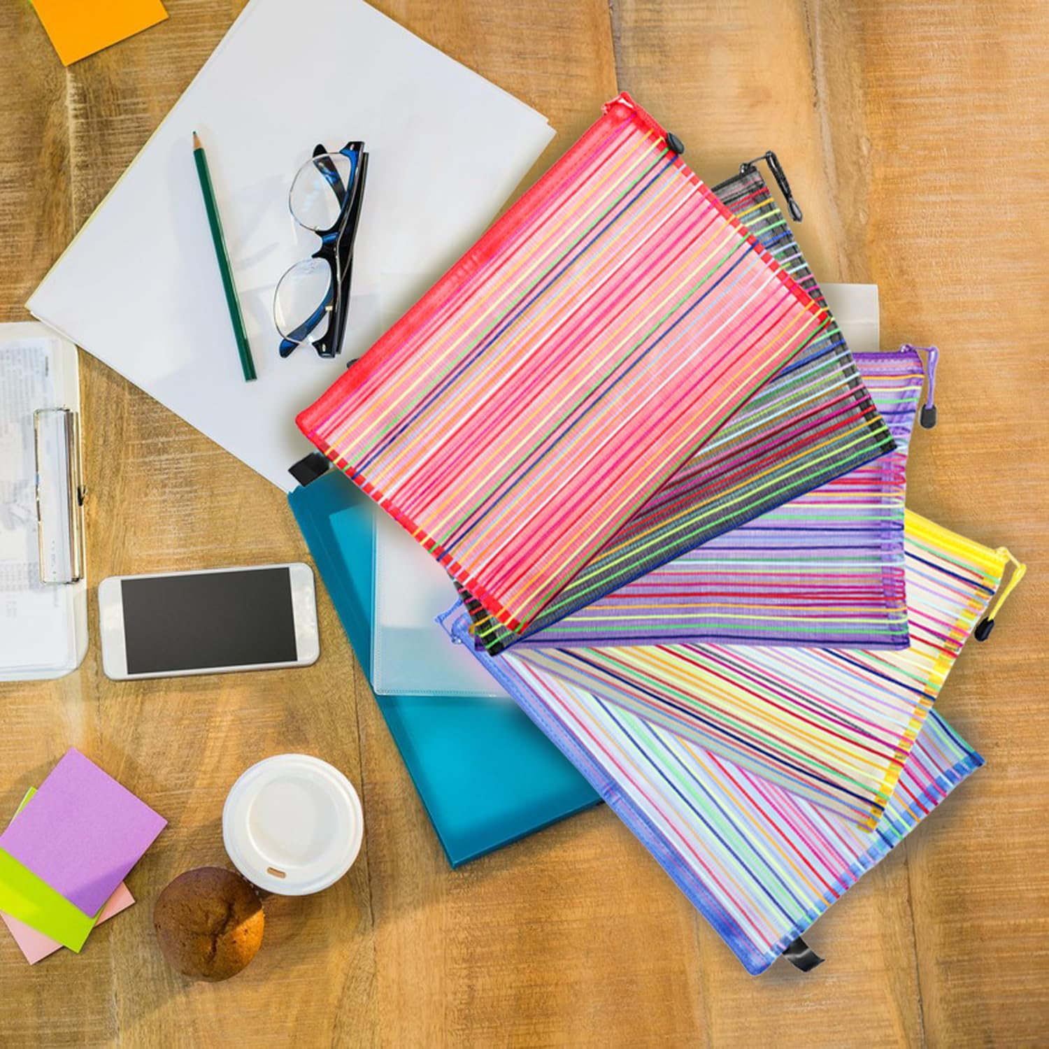 Set of 6 A4 Zipper Mesh Pouch Wallets, Snap Closure Folders for Office Supplies, Cosmetics, and Travel Accessories in 6 Vibrant Colors (Yellow, Green, Blue, Purple, Black, Red)