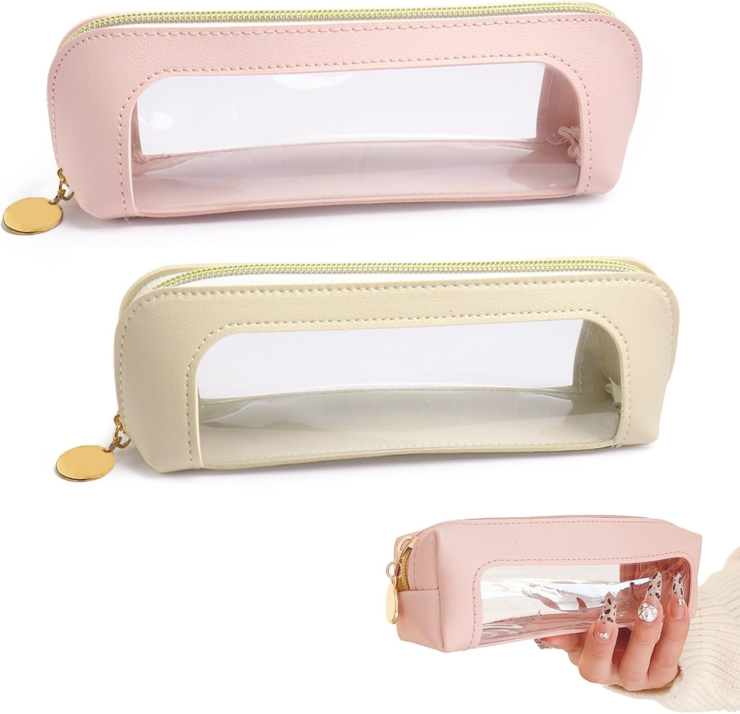 Small Clear Makeup Bag, PU Leather Travel Makeup Brush Case Portable Transparent Waterproof Cosmetic Organizer Pouch with Zipper for Women Home Travel Office Makeup Storage image number 2