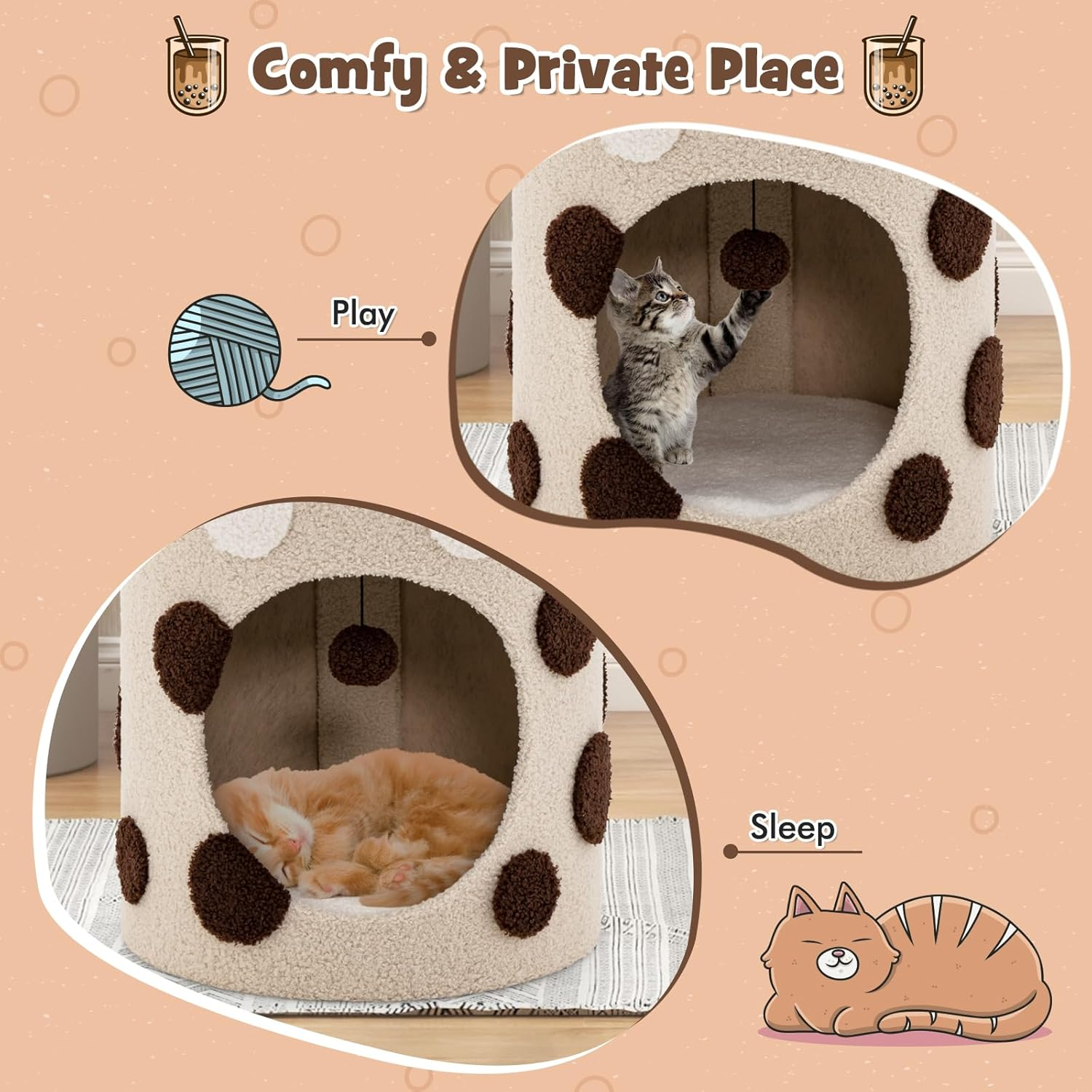 Multi-Functional Small Cat Tree Tower with Scratching Post, Dangling Ball and Cat Condo, Modern Cute Cat Tree for Indoor Cats with Soft Cushion-Purple - Purple image number 3