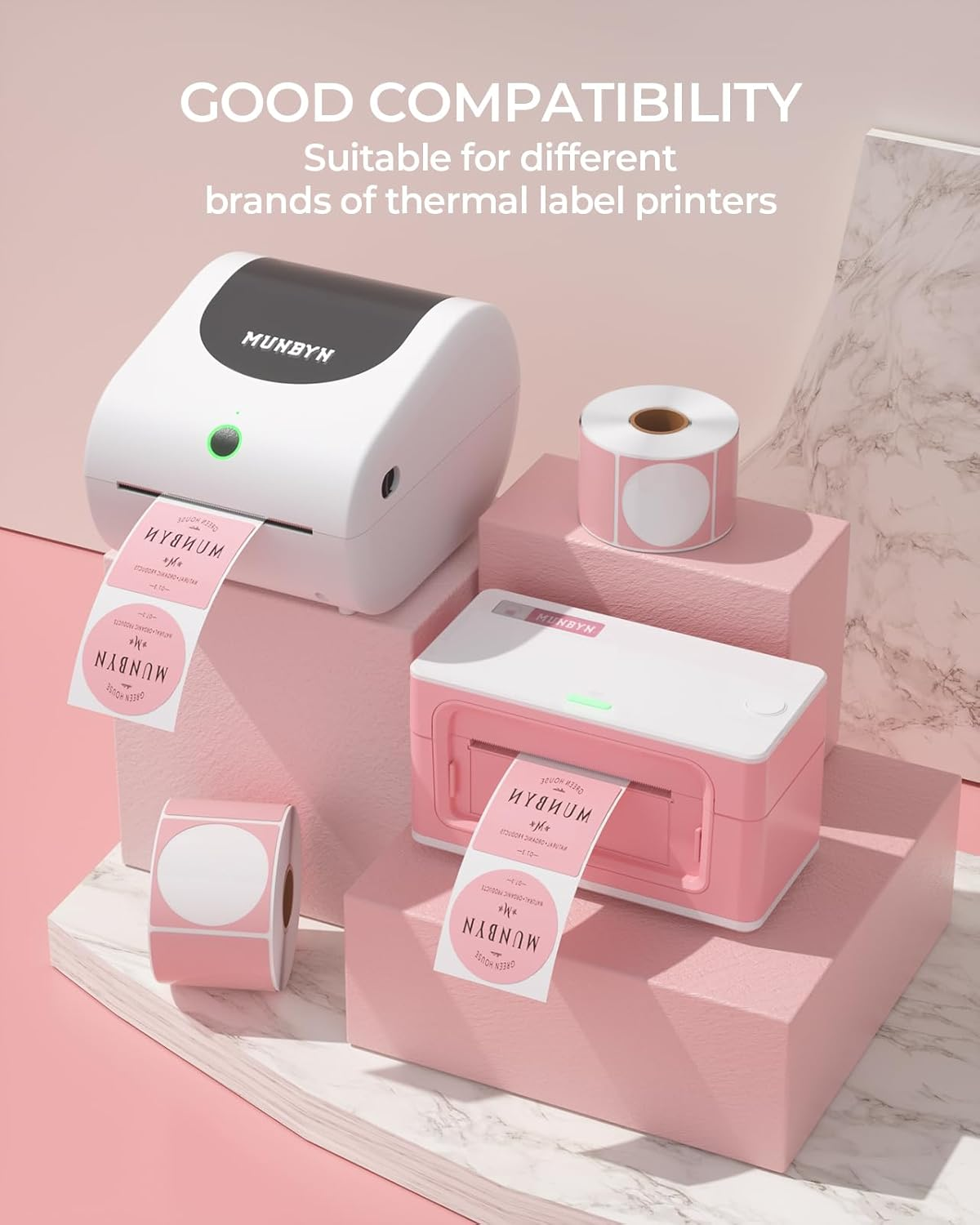 MUNBYN 2 Inch Pink Circle Thermal Stickers, Self-Adhesive round Direct Thermal Labels, Multi-Purpose Roll Stickers for DIY Logo Design, QR Code, Name Tag, Inventory - Pink 750 Labels/1 Roll