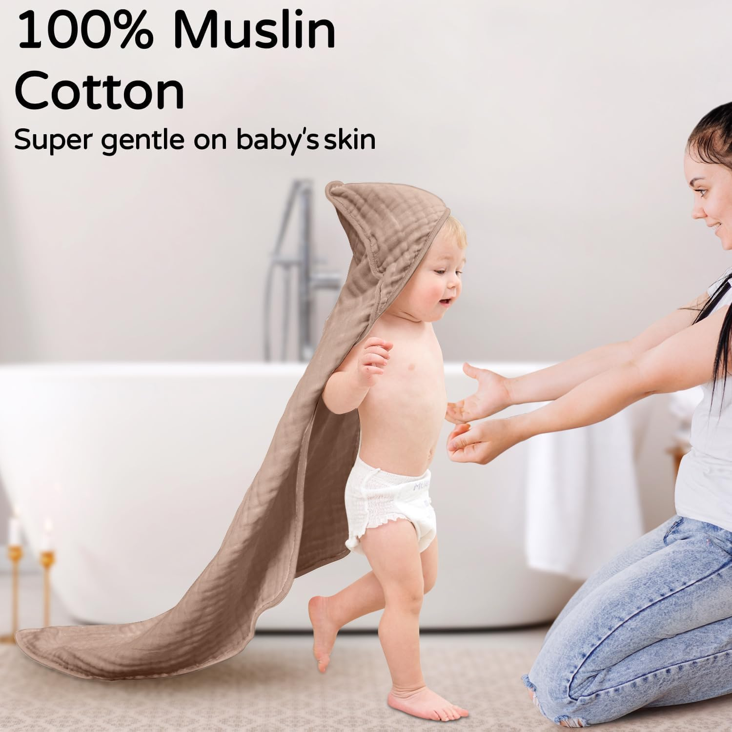 Hooded Towels for Newborn 2 Pack 100% Muslin Cotton Bath Towel with Hood,Large 35.4X35.4Inch, Soft image number 3