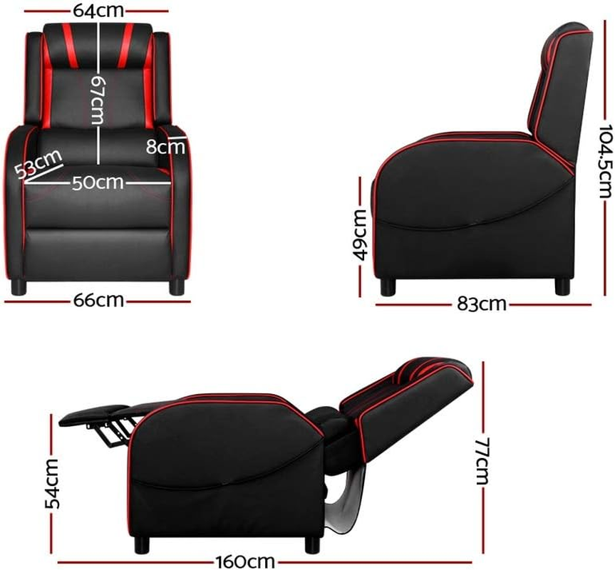 Artiss Recliner Chair PU Leather Gaming Recliners Sofa with Adjustable Backrest Footrest, Black Lounge Couch Armchair with Study Steel Base，2 Side Pockets for Living Room, Bedroom image number 1