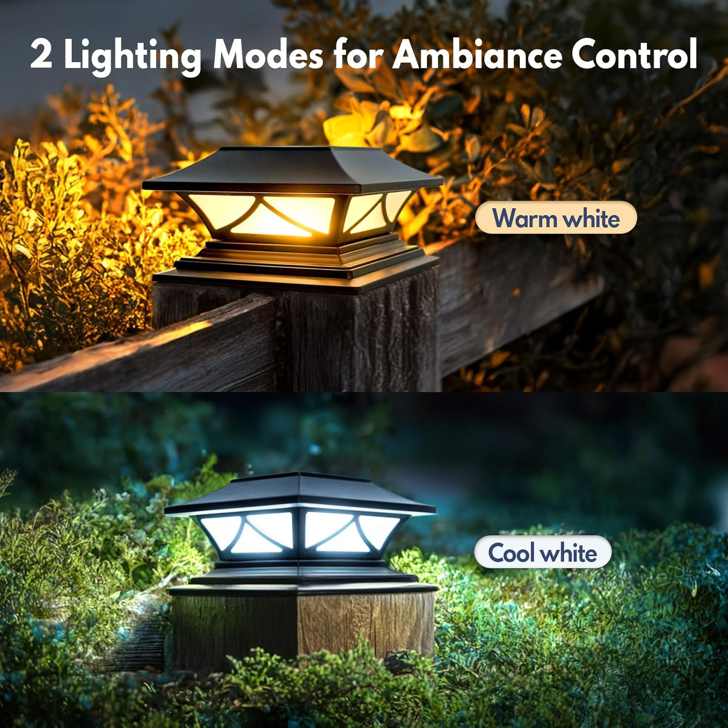 Solar Post Cap Lights 2 Pack, Solar Post Lights Outdoor Waterproof with 2 Color Modes, IP44 Deck Post Lights Solar Powered for 4X4, 5X5, 6X6 Vinyl/Wooden Posts, Decorate Deck, Patio, Porch, Fence image number 4