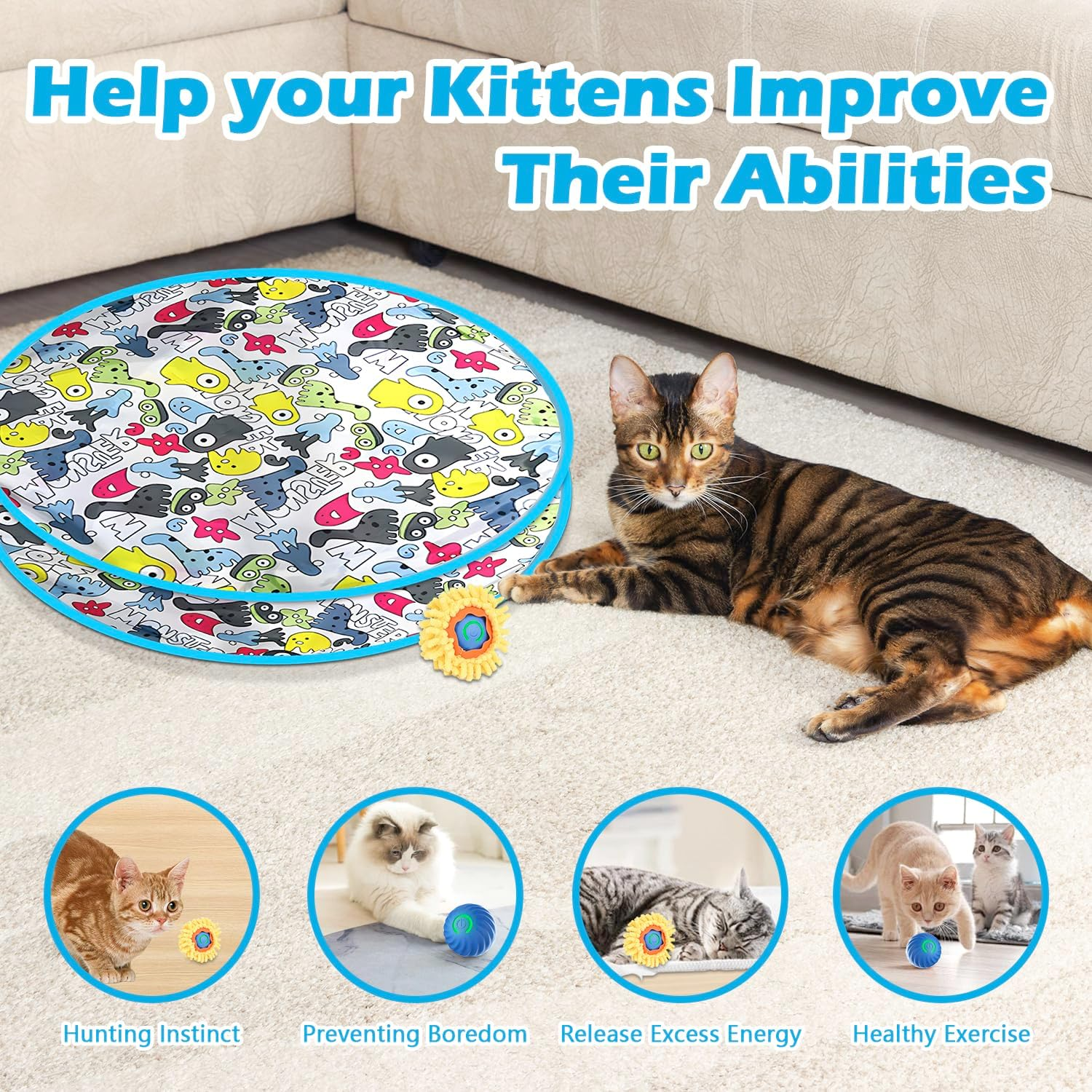 Cat Mat with Ball, 2 in 1 Simulated Interactive Hunting Cat Toy, Cat Tunnel Toy, Cat Toy Ball under a Mat, Interactive Hunting Cat Toy for Indoor Cats (Green) image number 6