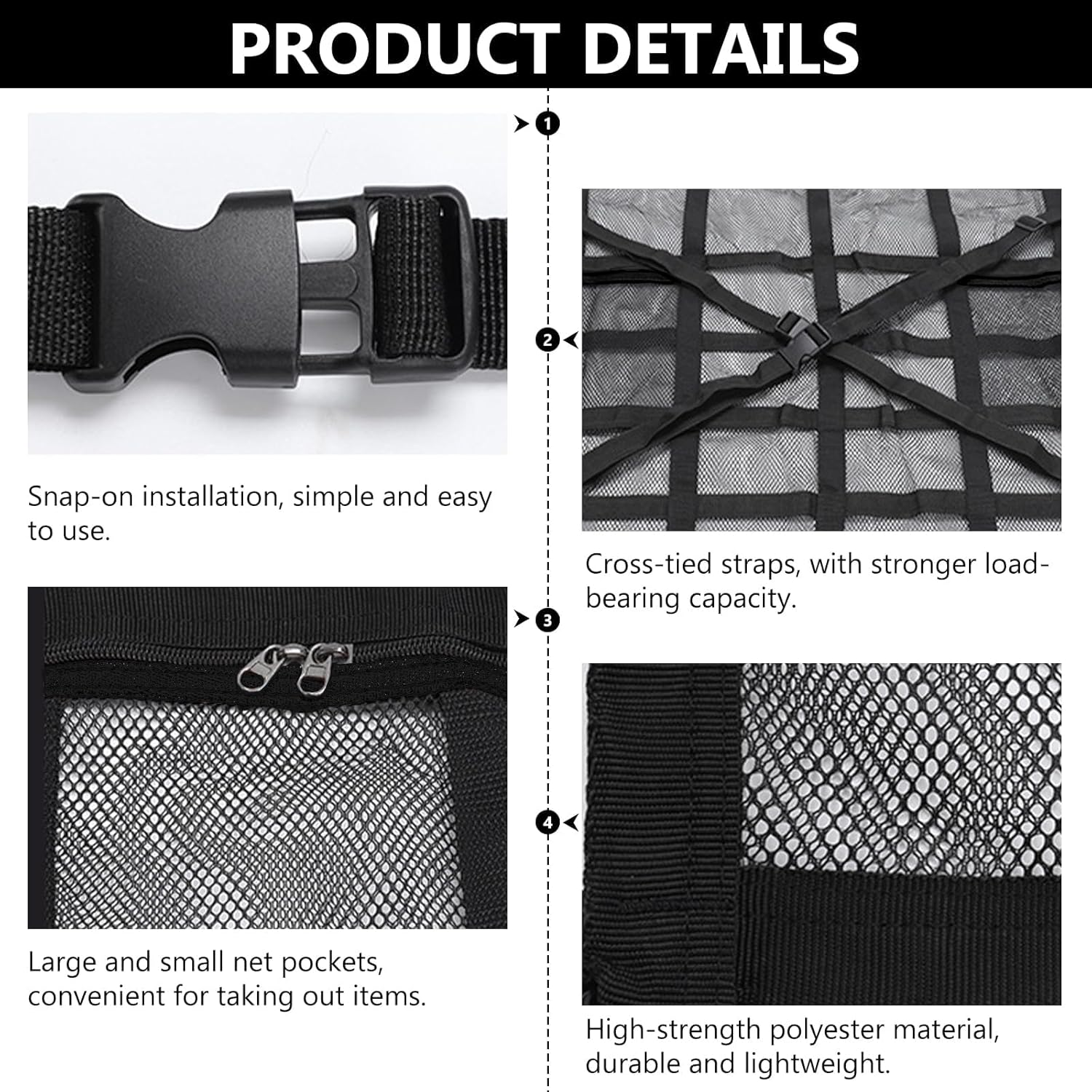 Car Ceiling Cargo Net with 2 Pockets & Adjustable Support Straps, 90&times;65Cm SUV Roof Storage Mesh for Car Camping, Travel & Overlanding Accessories Black image number 2