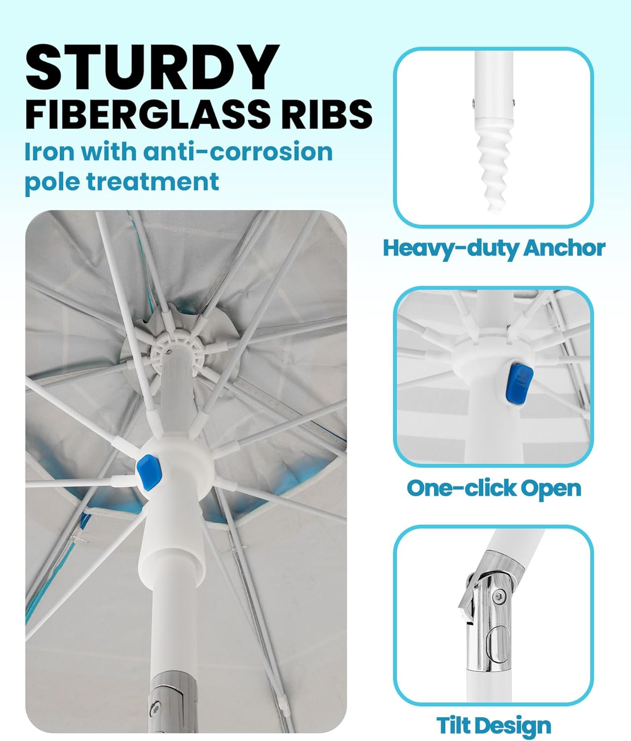 Outdoormaster Beach Umbrella with Sand Bag - 6.5Ft Beach Umbrella with Sand Anchor, UPF 50+ PU Coating with Carry Bag for Patio and Outdoor (A01 Navy Striped) image number 3