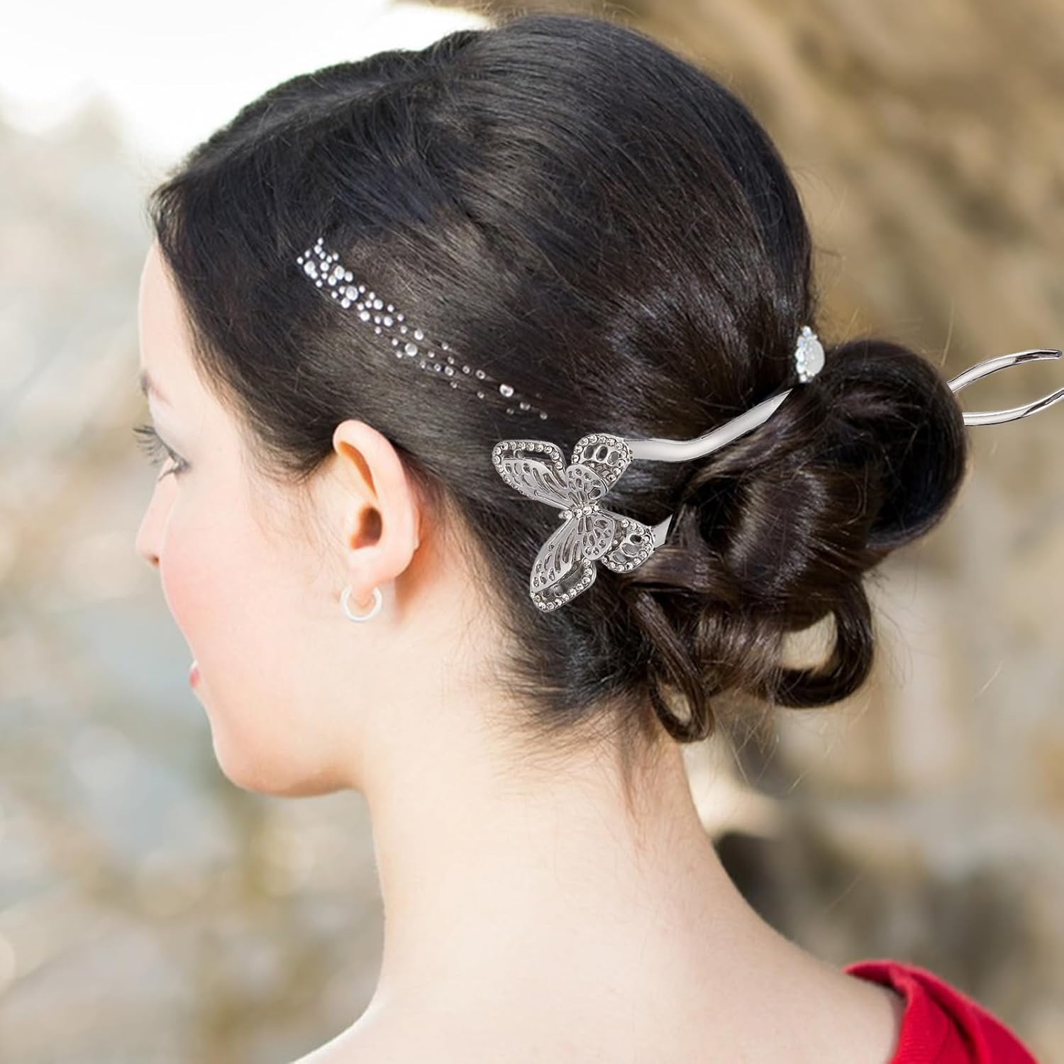 NICENEEDED 2 PCS Vintage Butterfly Hairpins, U-Shaped French Twist Alloy Hair Forks, Silver Gold Double Prong Hair Accessories for Wedding Party Holiday Daily image number 4