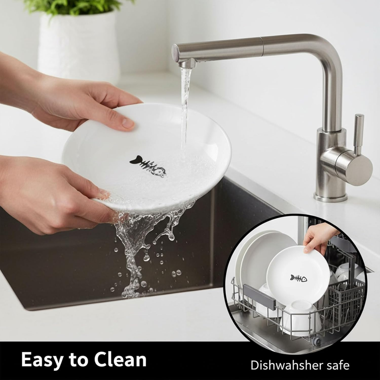 Ceramic Pet Bowl, Durable Design, Microwave & Dishwasher Safe, Shallow Bowl for Cats, Compatible with Wet & Dry Food, Easy to Clean, White & Black, Multi-Use,2Pcs,By Ruibex image number 2