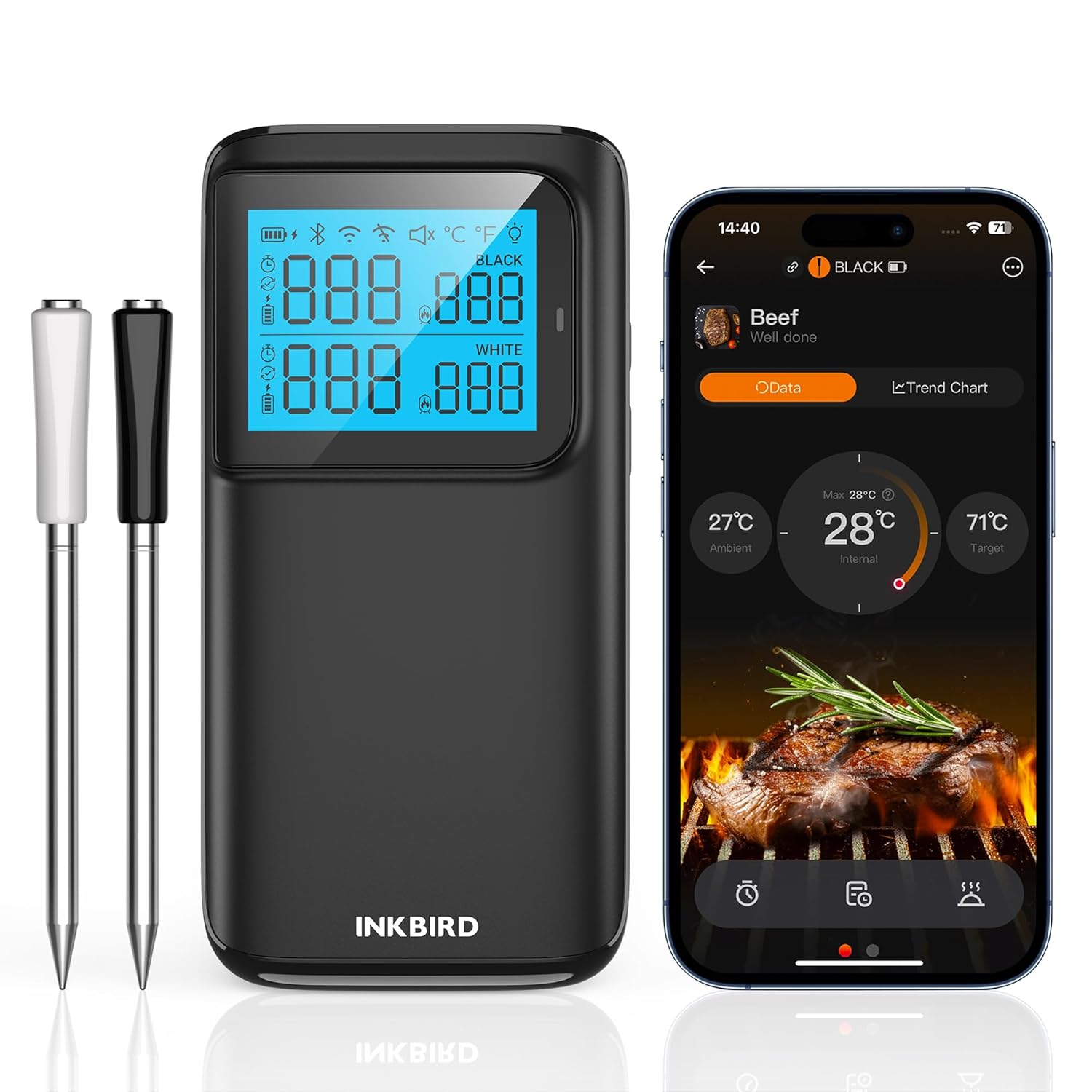 INKBIRD Wireless BBQ Meat Thermometer INT-12E-BW, Dual Mode Multi-Sensor Wifi 5G Bluetooth 5.4 Connection with High Low Temperature Alarms High Accuracy for BBQ Grill Smoker Oven Kitchen image number 1