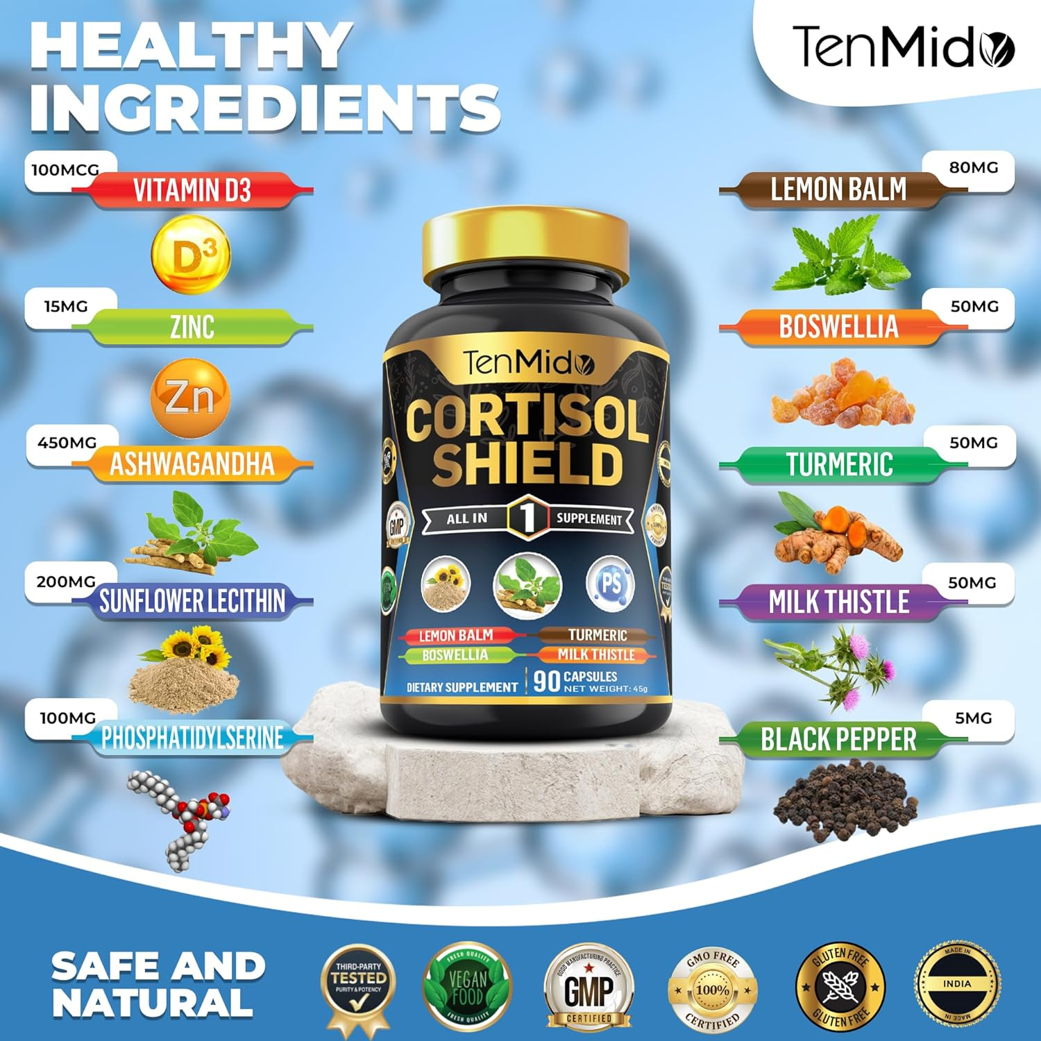 Cortisol Shield Supplement - 10In1 with Zinc, Vitd3, Ashwagandha, Sunflower Lecithin, Phosphatidylserine, Lemon Balm, Boswellia & More - 90 Vegan & Non-Gmo Capsules
