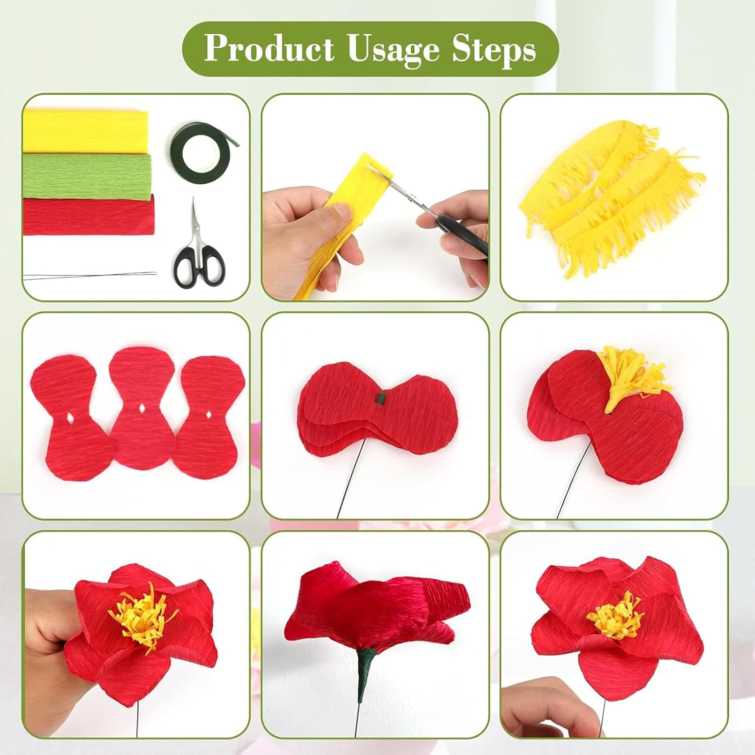 Yeanifeana Professional Crepe Paper Kit, 6 Rolls Red Streamers with Floral Tape & Stem Wires for Wedding Decorations, DIY Flower Crafts, Party Supplies and Festival Decoration Materials image number 6