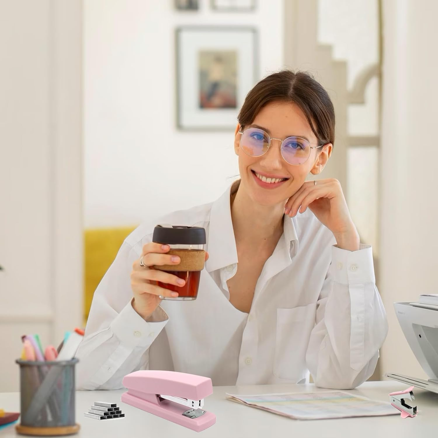 Pink Office Stapler, 25 Sheet Capacity with 2000 Staples and Staple Remover, Desktop Stapler,Pink Office Supplies for Students and Office Clerks image number 4