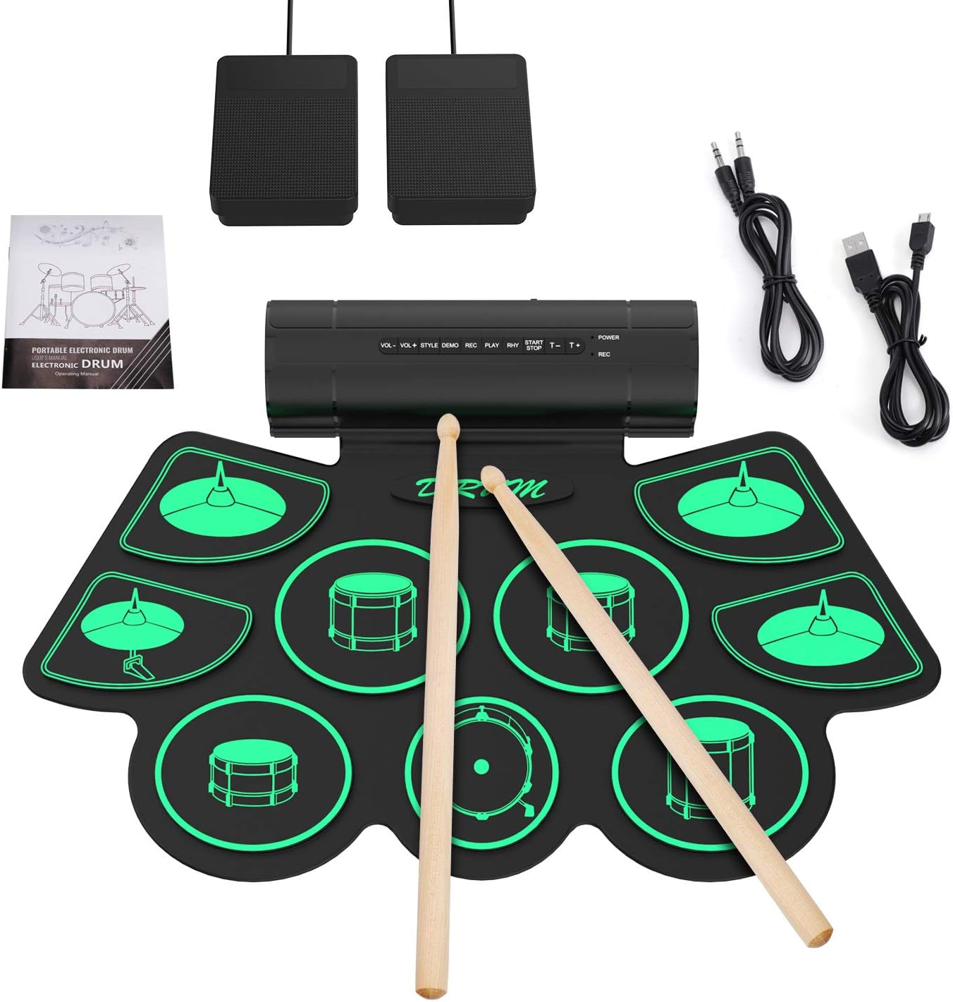 Electronic Drum, Uverbon Portable Drum Set with 9 Pads, 2 Pedals and Drumsticks, Built-In Stereo Speakers, Digital Music Pad Roll up Drum Set for Children and Beginners image number 2
