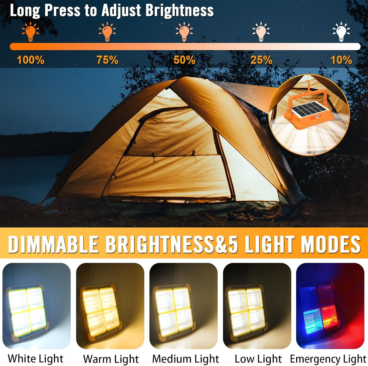 LED Solar Work Light 100W Rechargeable 4800Mah with 5 Lights Modes IP66 Waterproof, Portable Magnetic Outdoor Working Light for Emergency Camping Garage Car Repairing Construction Site Lighting image number 4