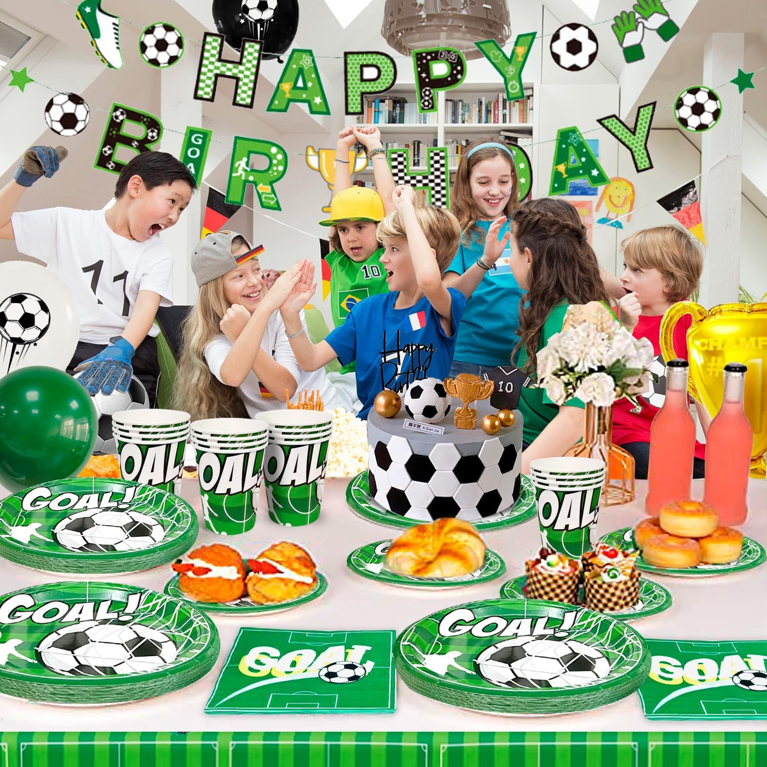 Soccer Birthday Party Supplies for 16 Guests, Soccer Party Decorations with Banner, Balloons, Tablecloth, Plates, Cups, Napkins, Whistle, Keychain, Boys Sports Theme Birthday Decor image number 1