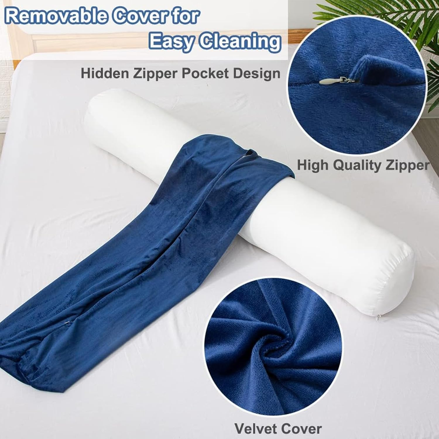 Body Pillow, Memory Foam round Body Pillows for Adults, Firm Long Bolster Pillow for Bed, Cylinder Tube Roll Pillow with Velvet Cover, 47X7.87 Inches, Navy Blue image number 4