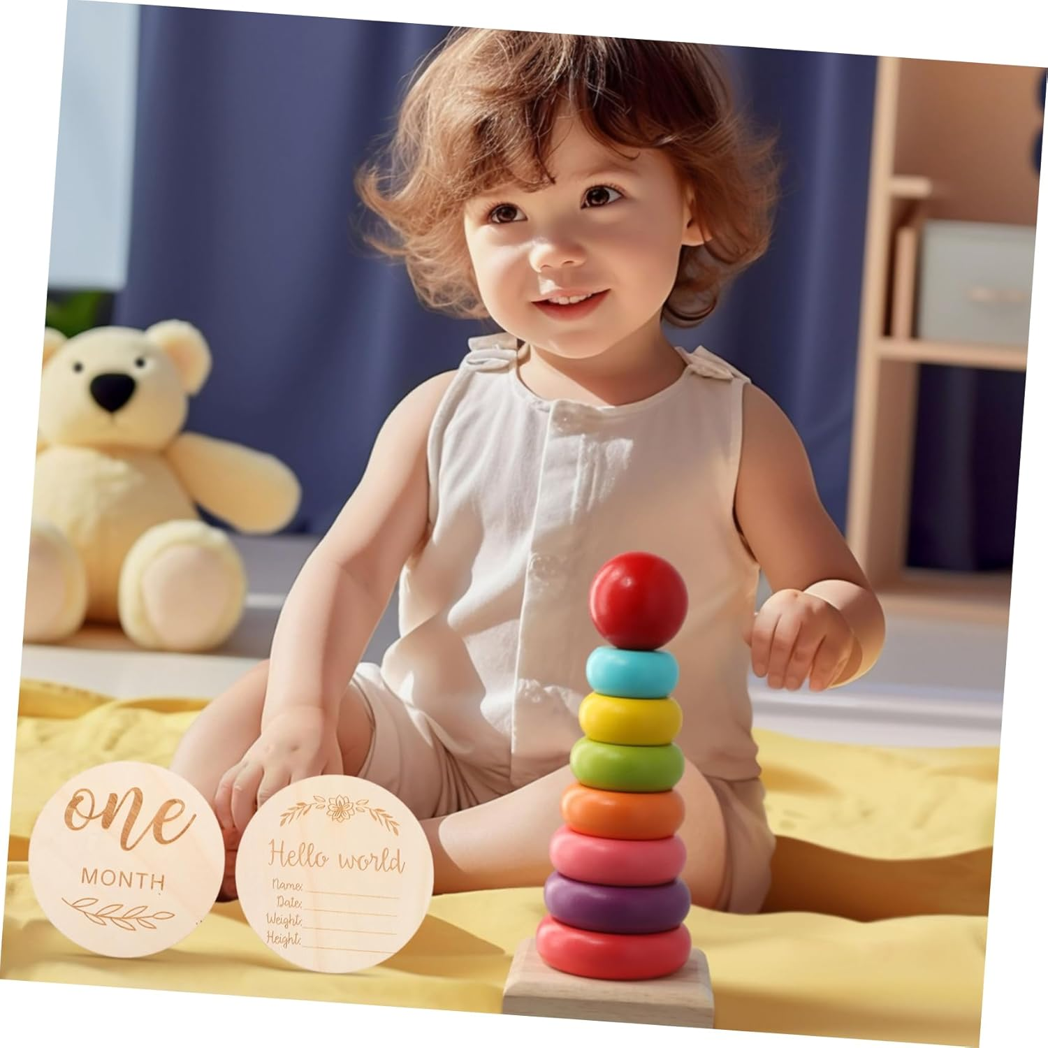 12Pcs Monthly Milestone Wooden Discs Double Sided Engraved Growth Cards Newborn Photoshoot Props for Pregnancy Journey Growth Documentation image number 3