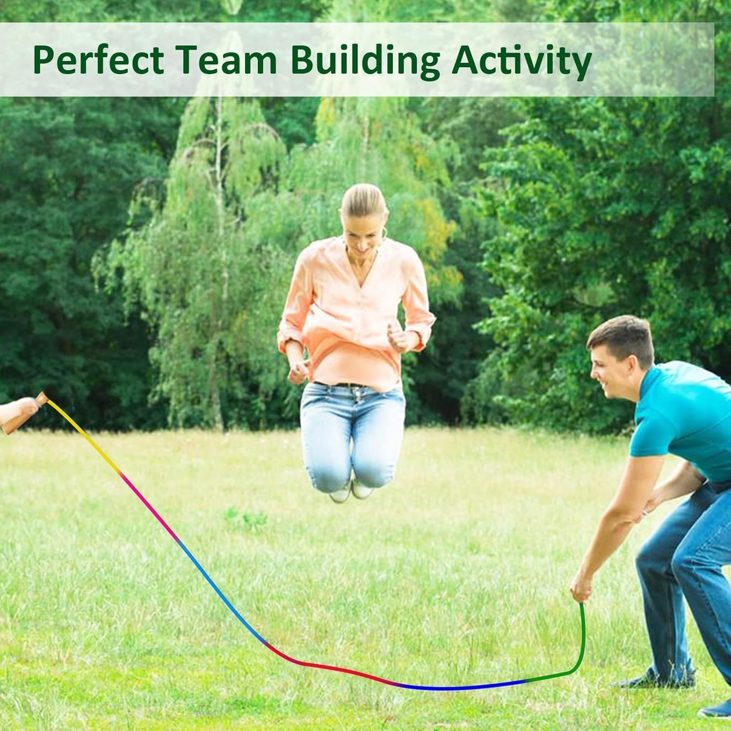 Double Dutch Long Jump Rope - 16Ft 2 Pack Skipping Rope for Kids Adults, Rainbow Jumping Rope for Multiplayer with Wooden Handle image number 2