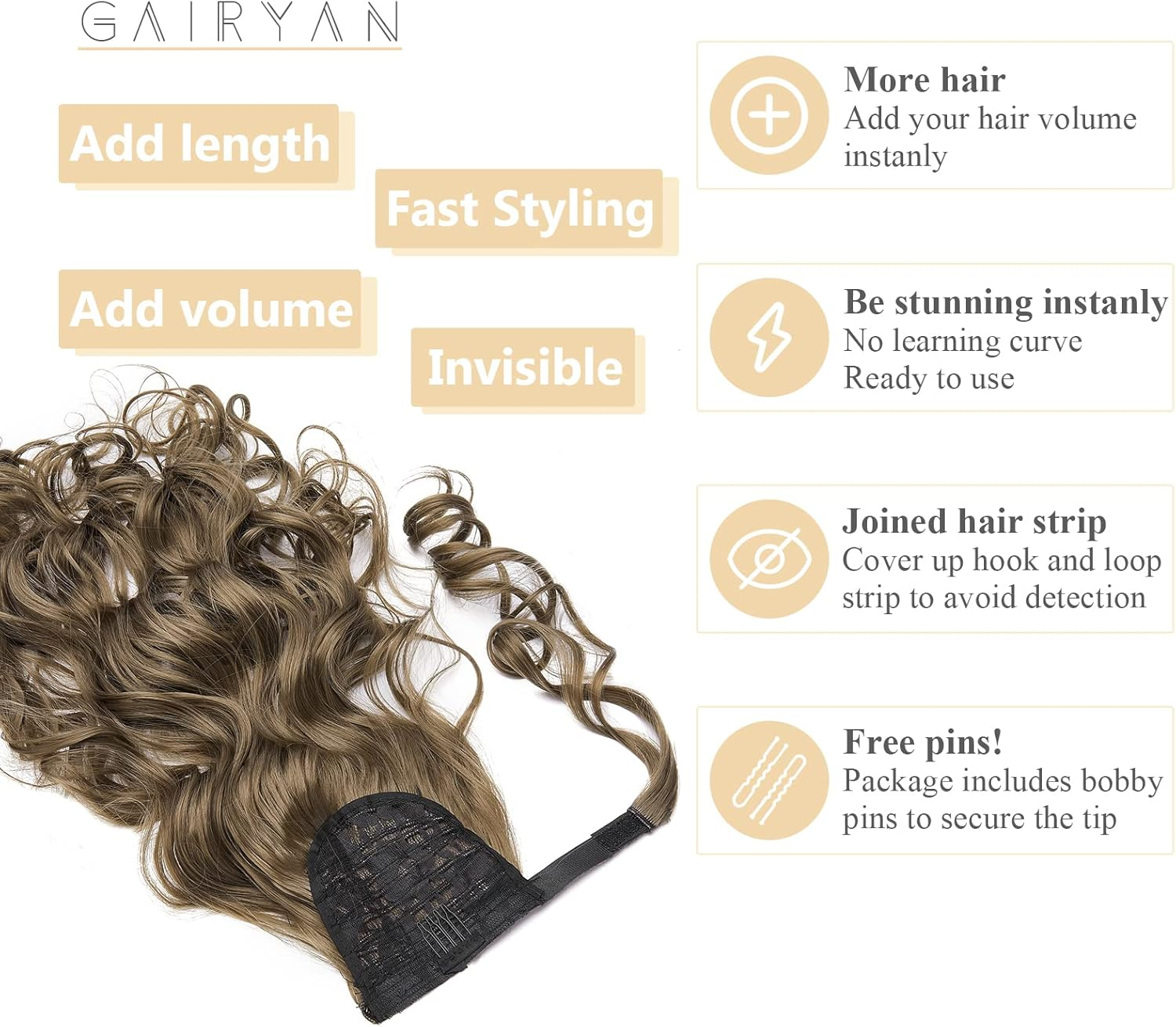 Gairyan Clip in Ponytail Extensions 24 Inch Golden Brown Hair Extension Long Curly Wave Ponytail Wrap around Pony Tails Synthetic Hairpiece for Women Natural Looking image number 1