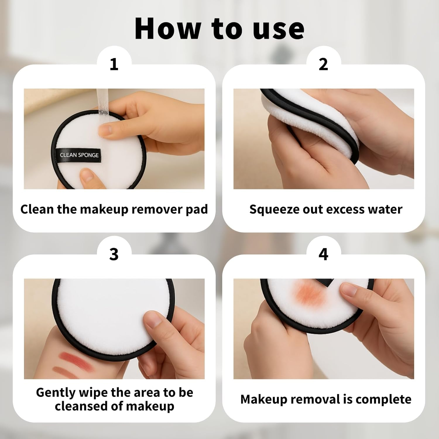 4 Pcs Reusable Makeup Remover Pads, Washable Makeup Remover Cloths, Eco-Friendly Cleaning Pads, Organic Makeup Eraser Pads for All Skin Types, Hypoallergenic Microfiber Makeup Remover Face Cloths image number 4