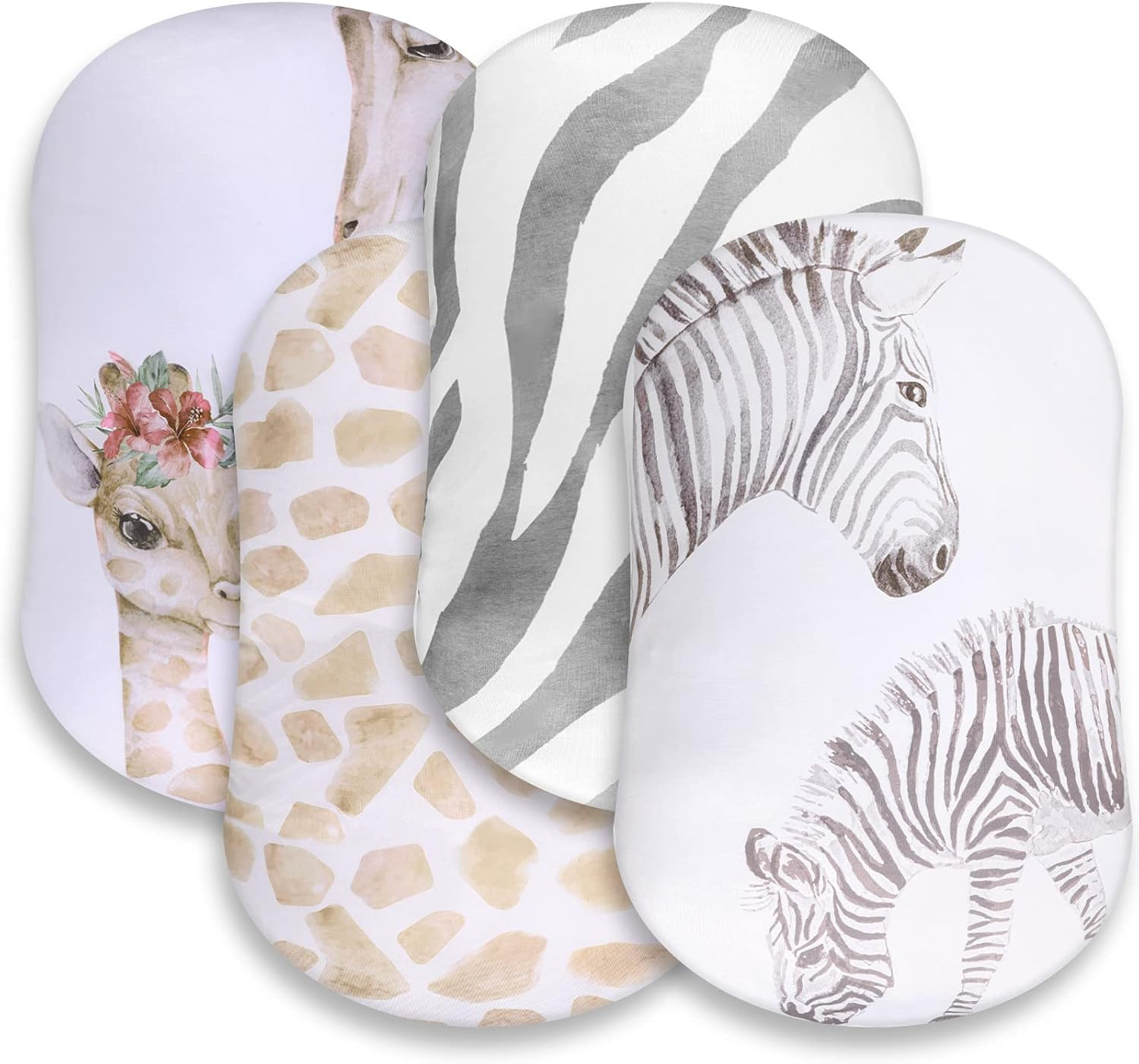 Rtteri 4 Pcs Baby Bassinet Sheets Soft Fitted for Baby Boys Girls Soft Cotton Animals Bassinet Sheet Cover Safe Comfort for Standard Bassinet Pads Rectangular Mattress Cradle, Zebra, Giraffe