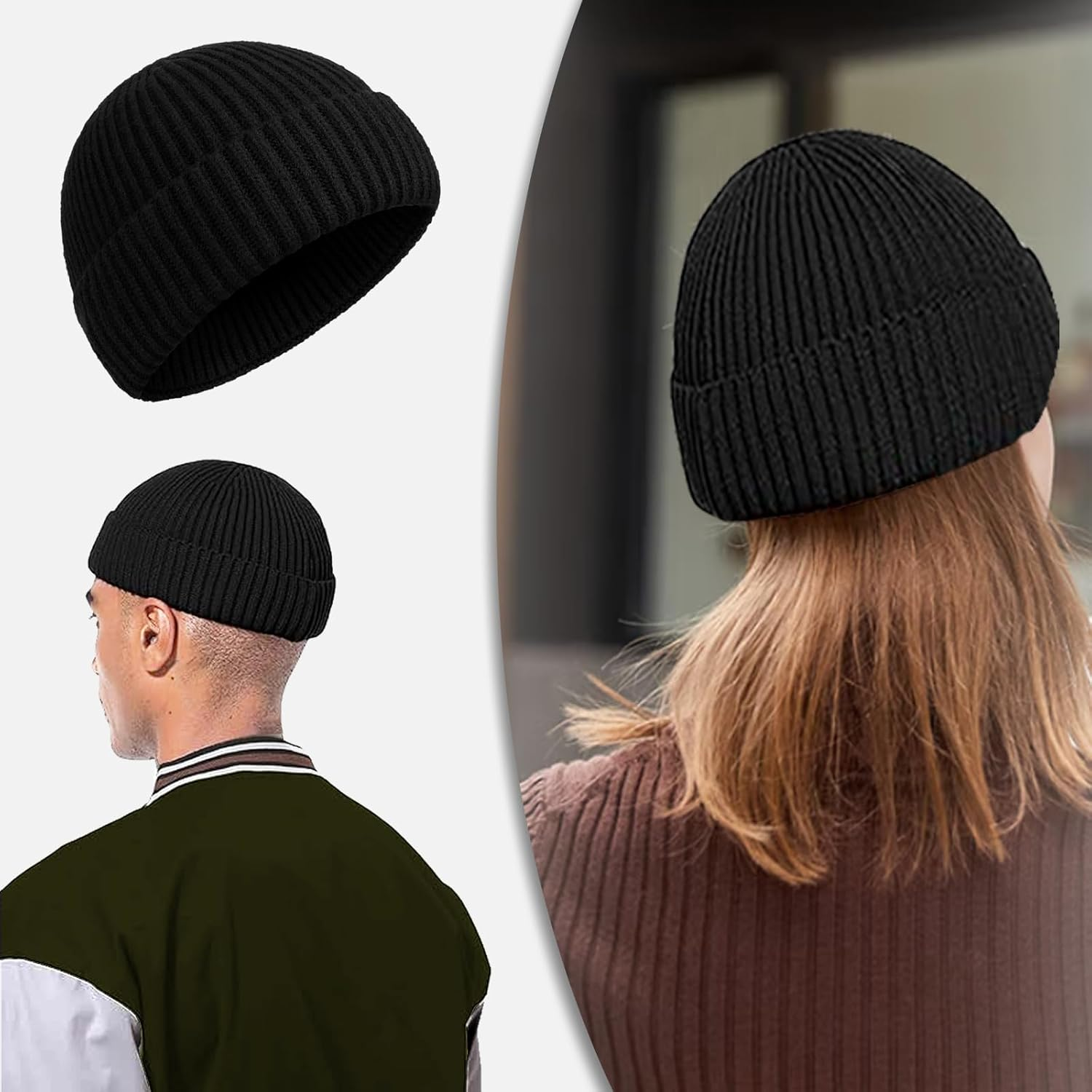 ONBPIY Beanie Hat Men &ndash; Fisherman Beanie Trawler Knit Cuffed Winter Skullcap Warm Gifts for Men, 1 Pack, Black image number 2