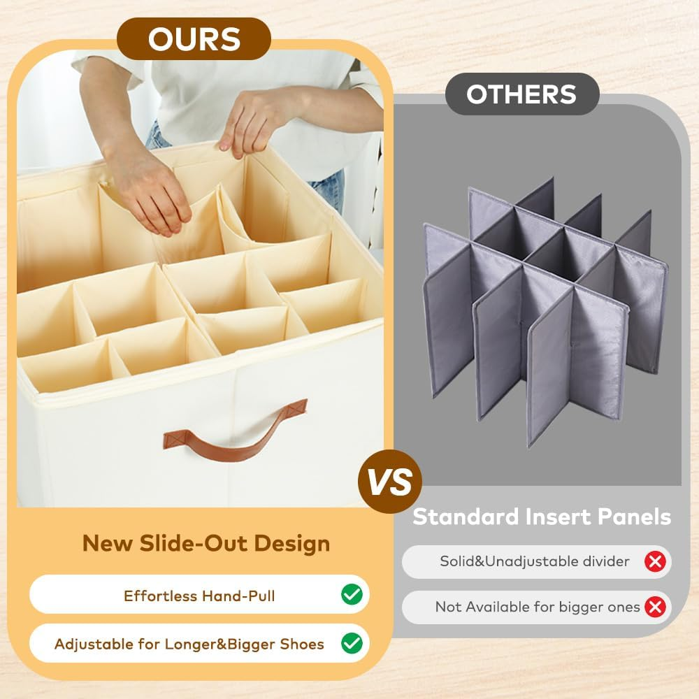 Shoe Storage Box with 16 Bags, TINY SPARK Foldable & Adjustable Organiser with Clear Cover and Leather Handles, Fits 8-16 Pairs, Beige, 43&times;43&times;31Cm (16.9&times;16.9&times;12.2In) image number 2