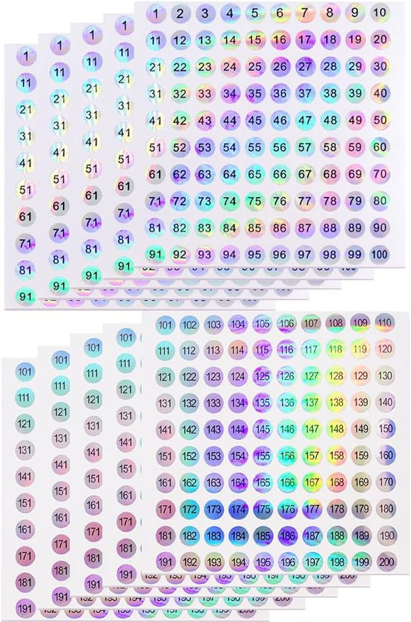 FRAINBOWZ 1 to 200 Waterproof Reflective Laser Number Stickers Circular Self-Adhesive Stickers for Archiving, Coding, Storage, Finishing, Nail Polish Bottle Caps