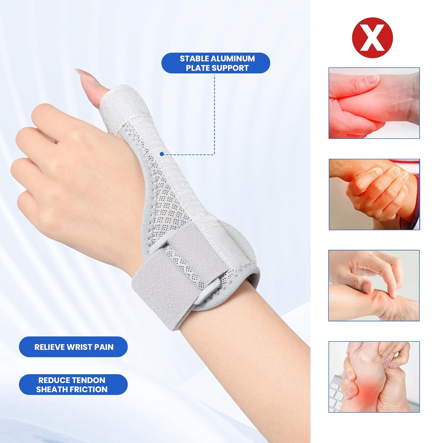 Thumb Brace for Arthritis Sprains - Reversible Thumb Brace with Soft Lining, Breathable Metal Splints for 24-Hour Carpal Tunnel Support Adjustable (Gray)