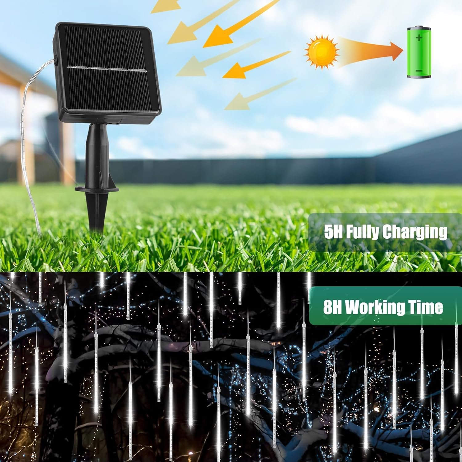 Solar Christmas Lights Outdoor Waterproof, Meteor Shower Lights Solar Powered, 16 Inches 8 Tube 288 LED Solar Icicle Tree Lights for Tree Bushes Holiday Parties Christmas Patio Decor, Pure White image number 3