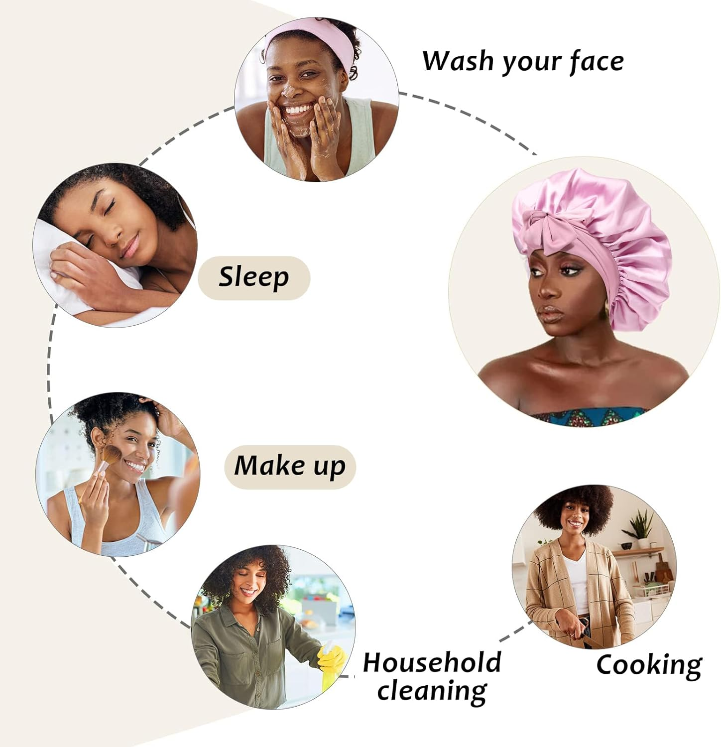 Satin Bonnet for Women Hair Bonnet for Sleeping Large Double Layer Silk Sleep Cap with Wide Elastic Band Hair Cap Sleeping image number 6