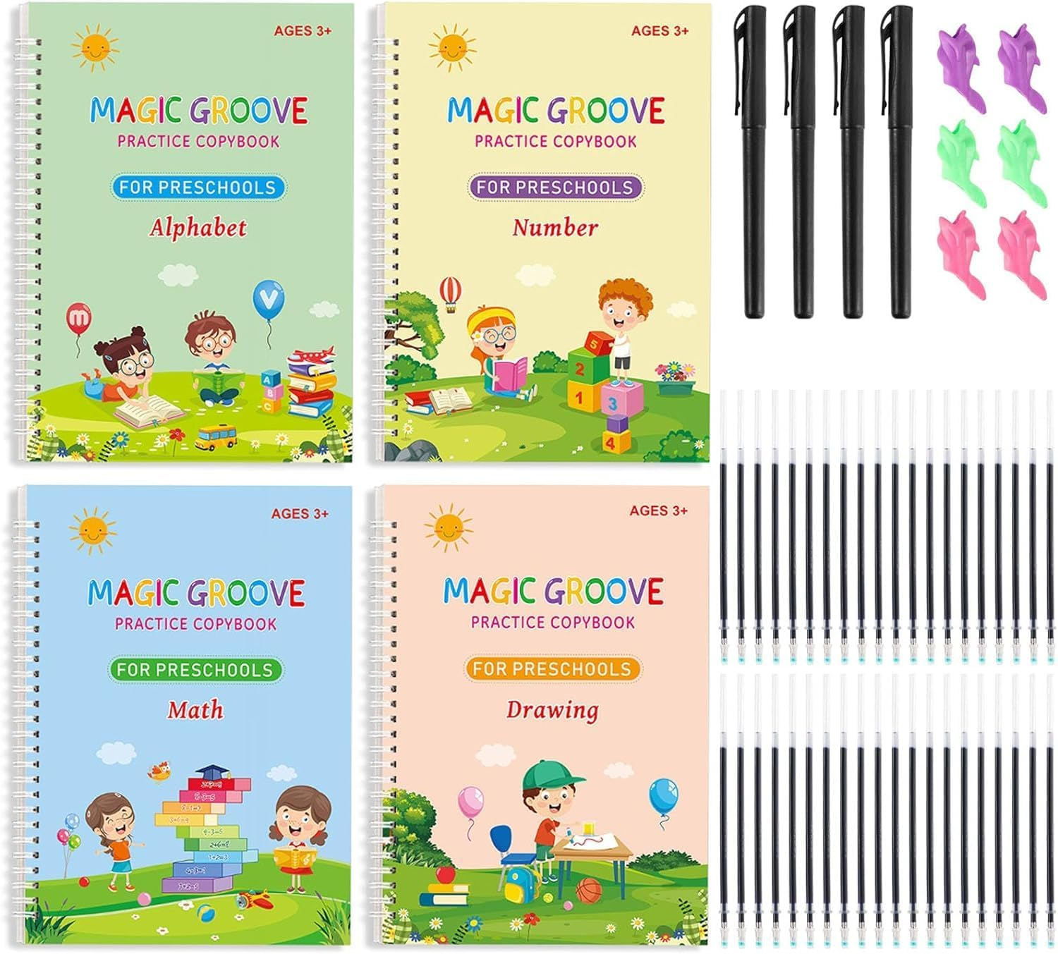 4 Pack Large Grooved Writing Book Set, Betterjonny Reusable Handwriting Book Practice, Tracing Alphabet, Numbers, Math and Drawing for Age 3-6 (4 Books & 4 Pens & 6 Aid Pen Grips & 40 Pen Refills) image number 5