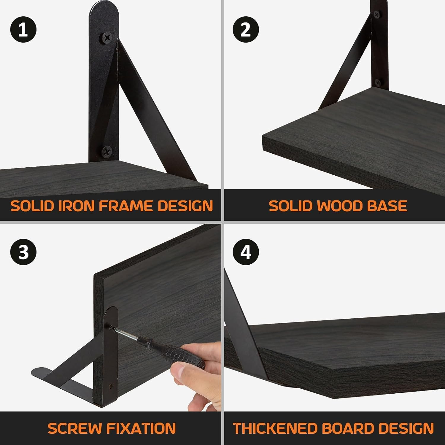 Floating Wall Shelves for Bedroom Decor Home Decor, Wall Storage, Book Shelf, Wall Mounted Rustic Wood Shelf for Books,Plants (Black, 4 Pack)