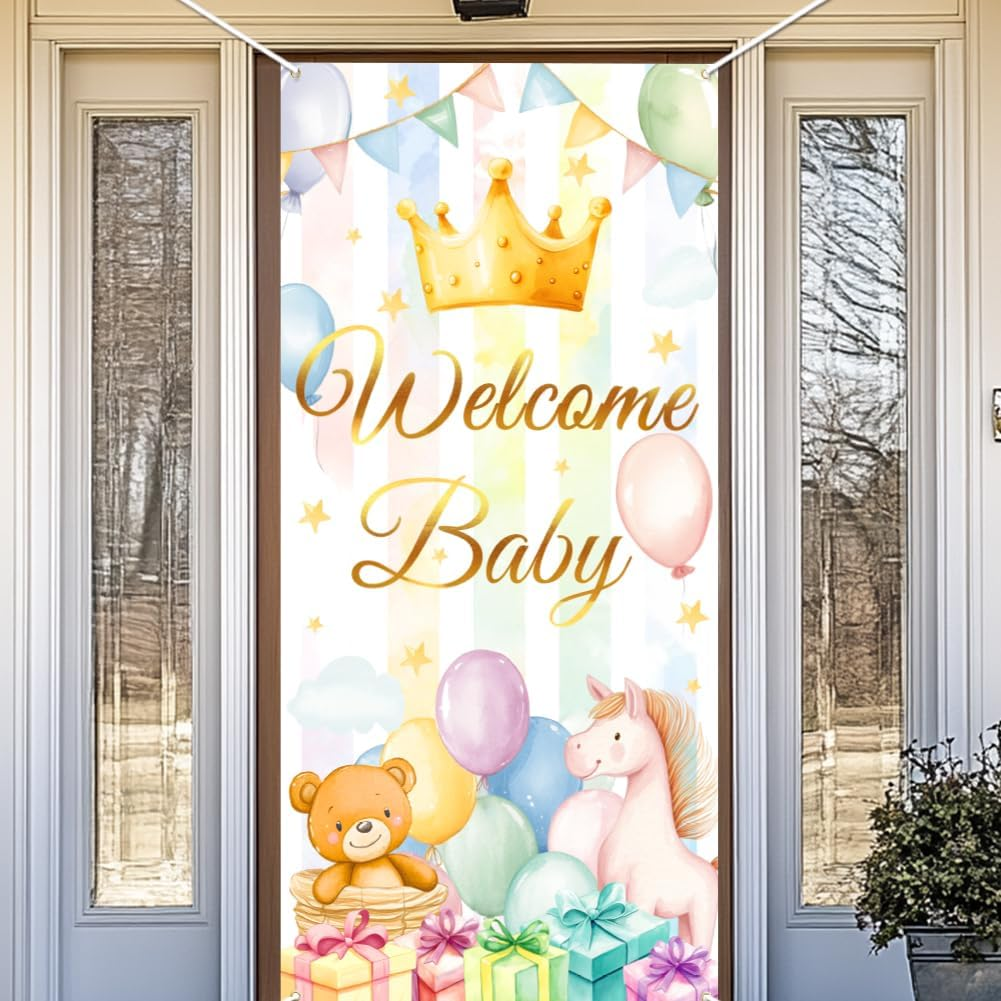 WADORN Welcome Newborn Backdrop, Newborn Shower Party Backdrop Decor Large Fabric Birthday Party Photo Banner Photography Background Photo Booth Props for Gender Revel Party 35.43X70.87 Inch image number 2