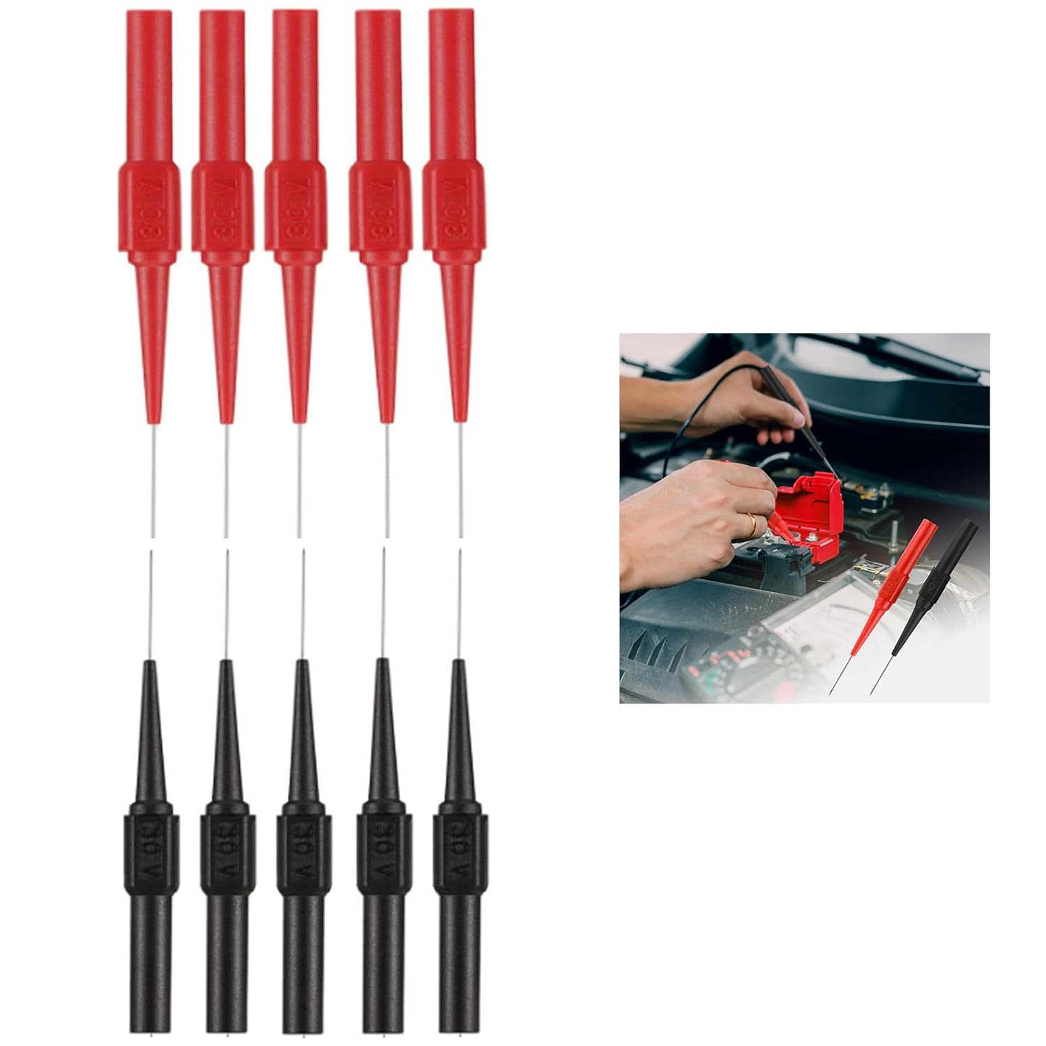 Back Probe Kit, 10 PCS Needle Test Probes, 0.7Mm Insulation Probe Pin, Wire Piercing Probes, 4Mm Banana Socket Connection for Car Electrical and Multimeter Testing(Black, Red) image number 5