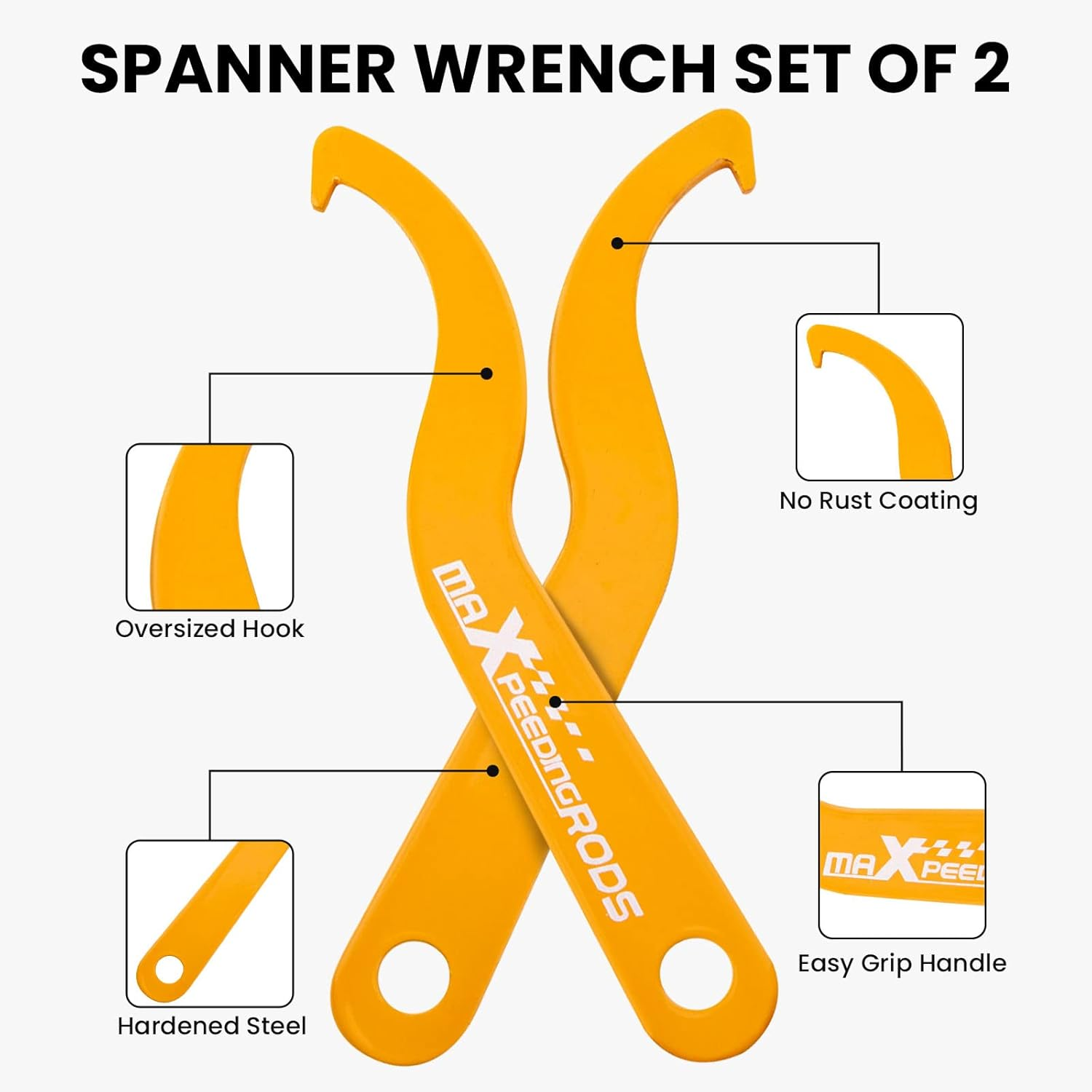 Maxpeedingrods Universal C Spanner Hook Wrench Set Coilover Spring Adjustment Tool Steel Spanner Wrench, Yellow, 2Pcs image number 2